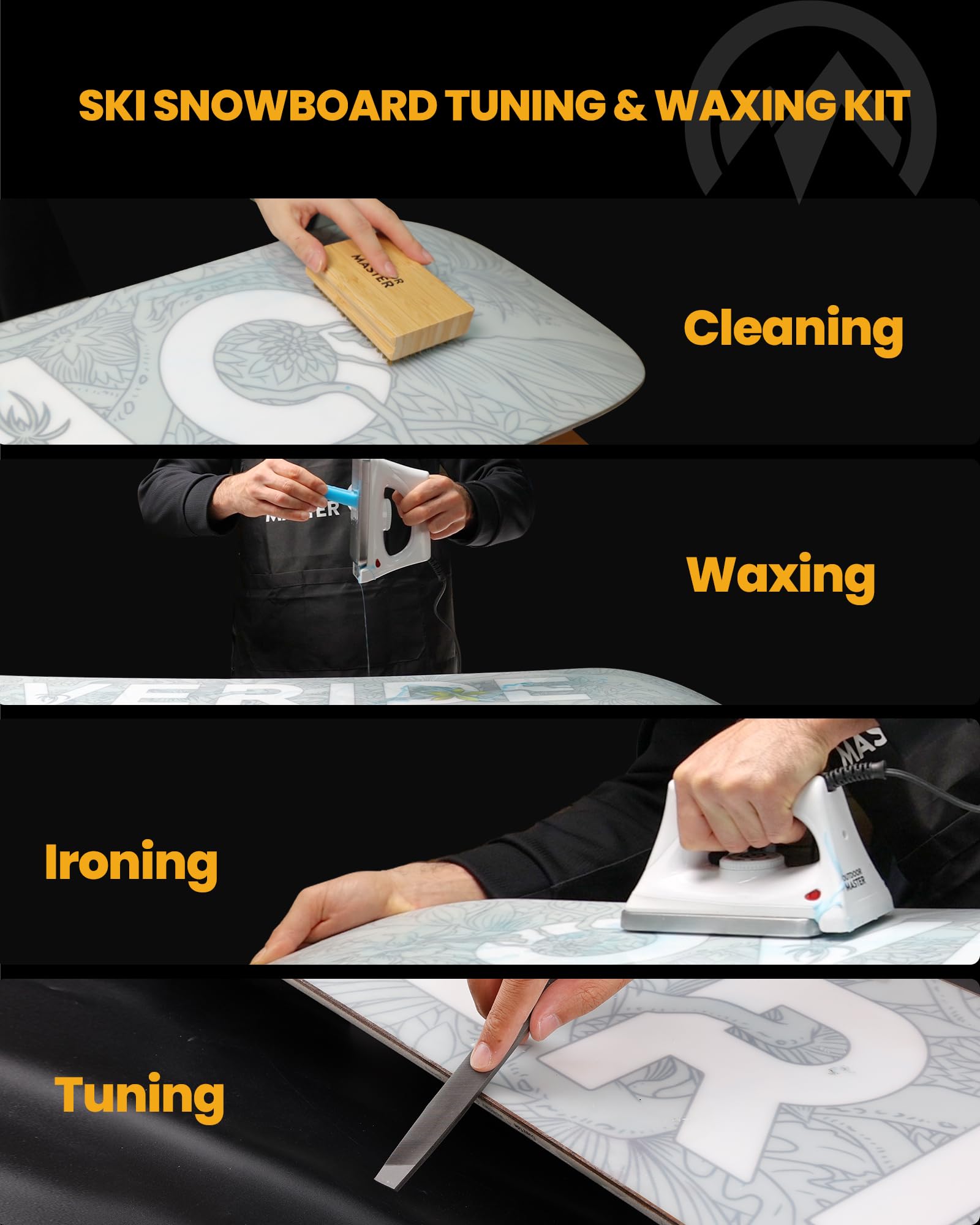 OutdoorMaster Kit de afinación y encerado para esquí y snowboard con plancha de cera, cera universal, afinador de bordes, cepillo, raspador de cera, Ptex, tornillo de fijación, banda de goma (negro, - 3
