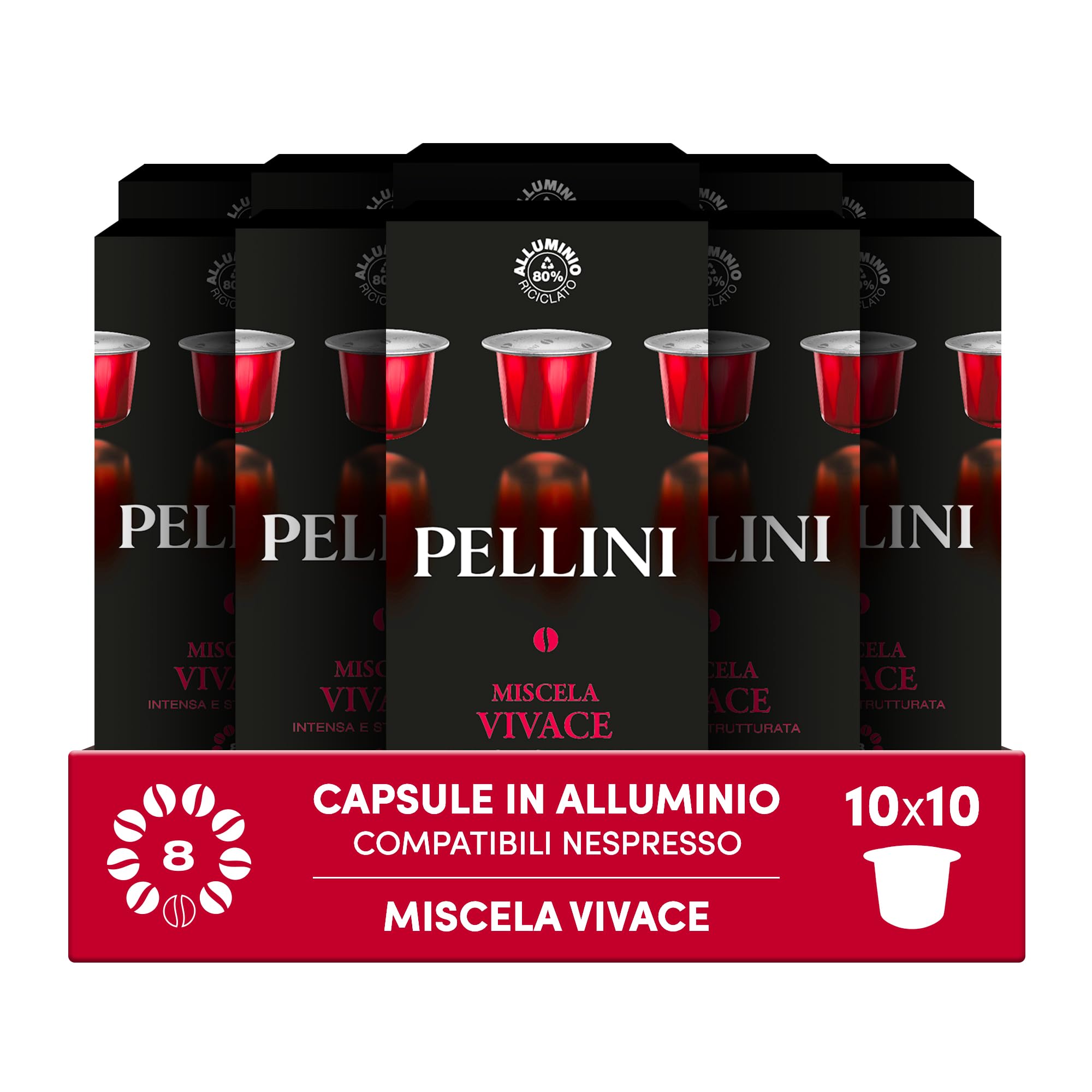 Pellini Vivace 100 Capsule in Alluminio Compatibili Nespresso, Miscela di Caffè Arabica e Robusta dal Gusto Corposo e Intenso con Note di Cacao e Pan Pepato, 10 Confezioni da 10 Capsule