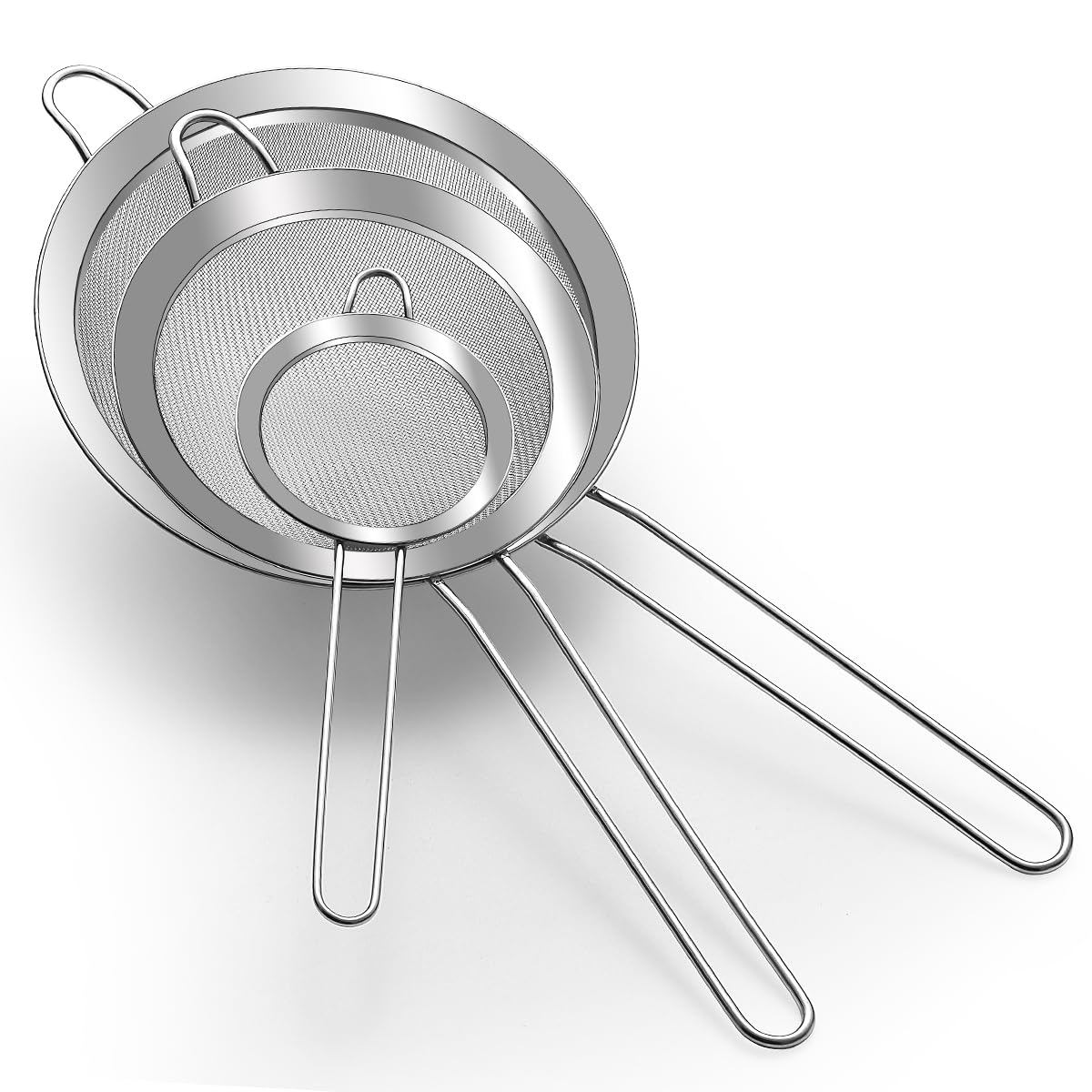 Homquen Stainless Steel Sieves and Strainers, Fine Mesh Strainers Pack of 3, Temperature-Proof, No Sharp Edges, Anti-Corrosive, Bend-Proof, Excellent for Sifting Flour, Rice, Tea (8cm+14cm+18cm)