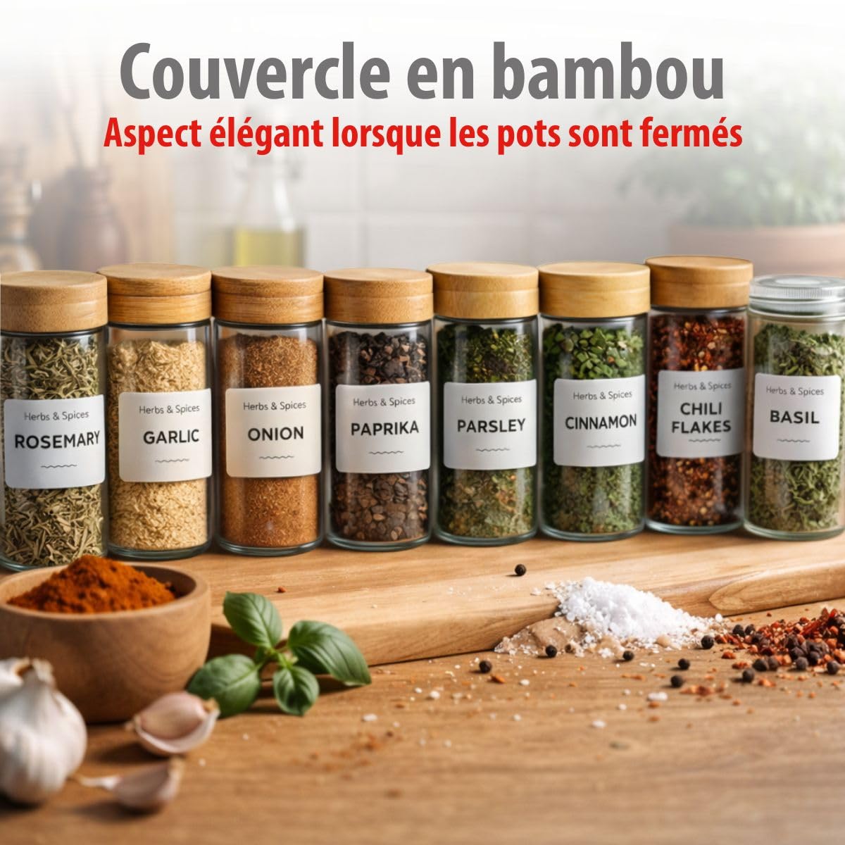 alpina Pot Epices Verre Lot de 12 - Petit Pot en Verre avec Couvercle Bambou et Doseur - Rangement Cuisine et Rangement Epices