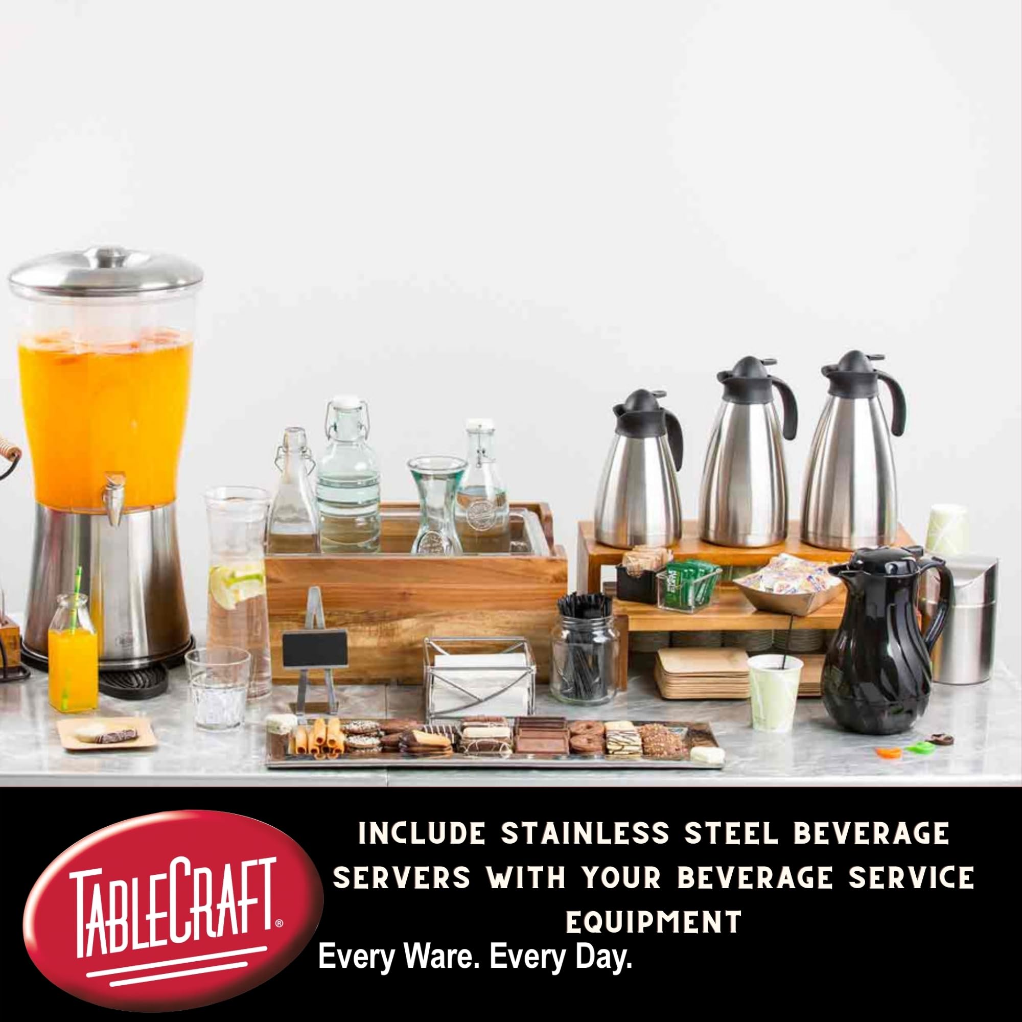 TableCraft 10298, jarra térmica de café de acero inoxidable, 50 onzas (1.5 litros), dispensador de bebidas aislado al vacío, tapa de prensa para servir, caliente o fría, grado comercial