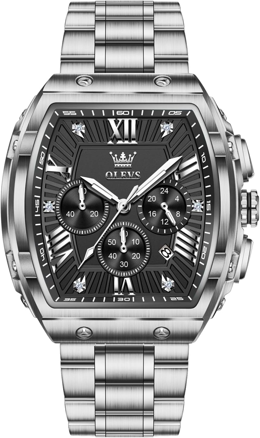 OLEVS Men's Wrist Watches Square Face Luxury Dress Fancy Original Watches for Men Stainless Steel Chronograph Waterproof Nice Big Sports Watch Men Classic Business Formal Adjustable Quartz Mens Watch