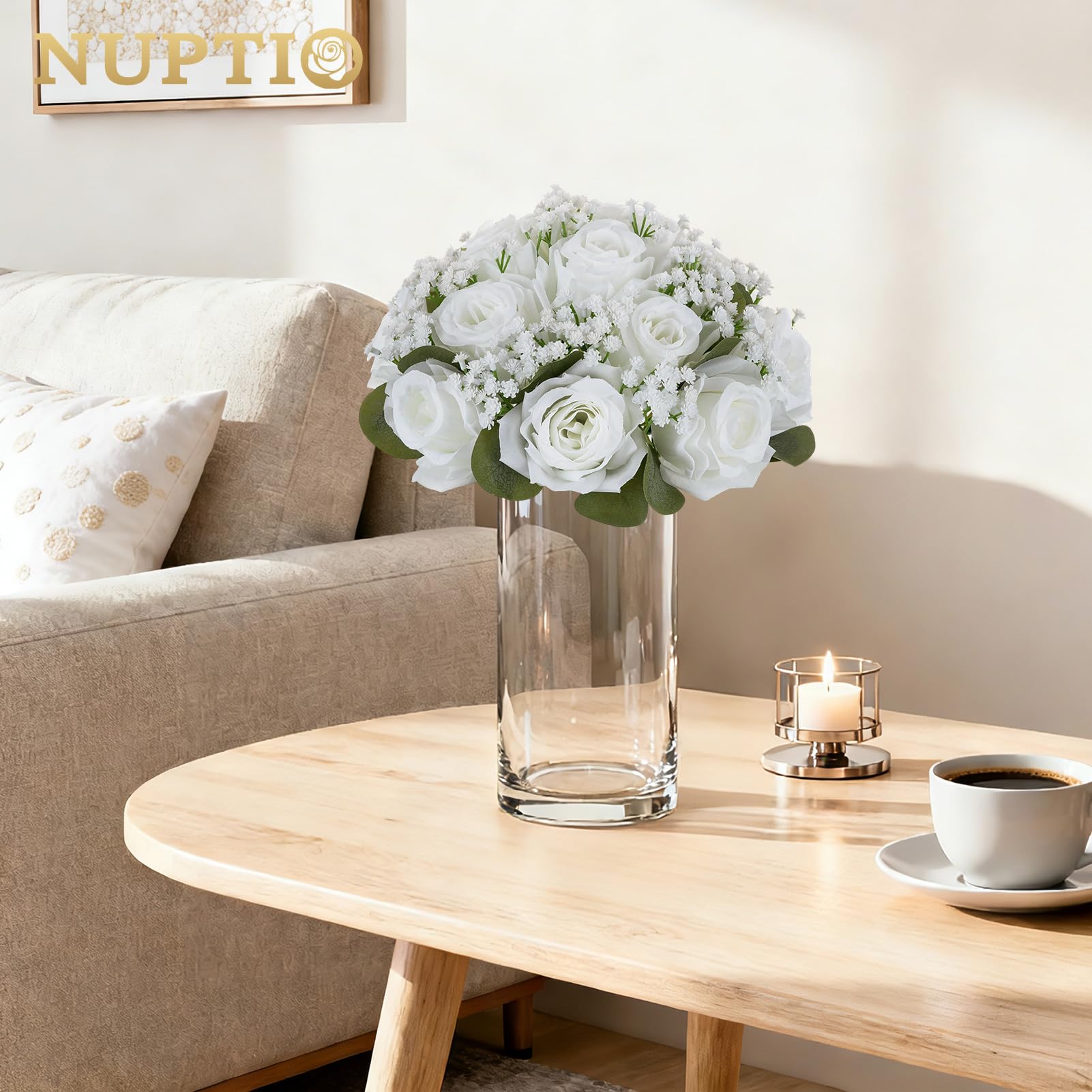NUPTIO Fleurs Centre de Table Mariage: 10 Pièces 22cm Diamètre Blanche Boule Fleur Artificielle pour Fete Decoration - Composition Gypsophile Fausse Fleur Rose pour Anniversaire