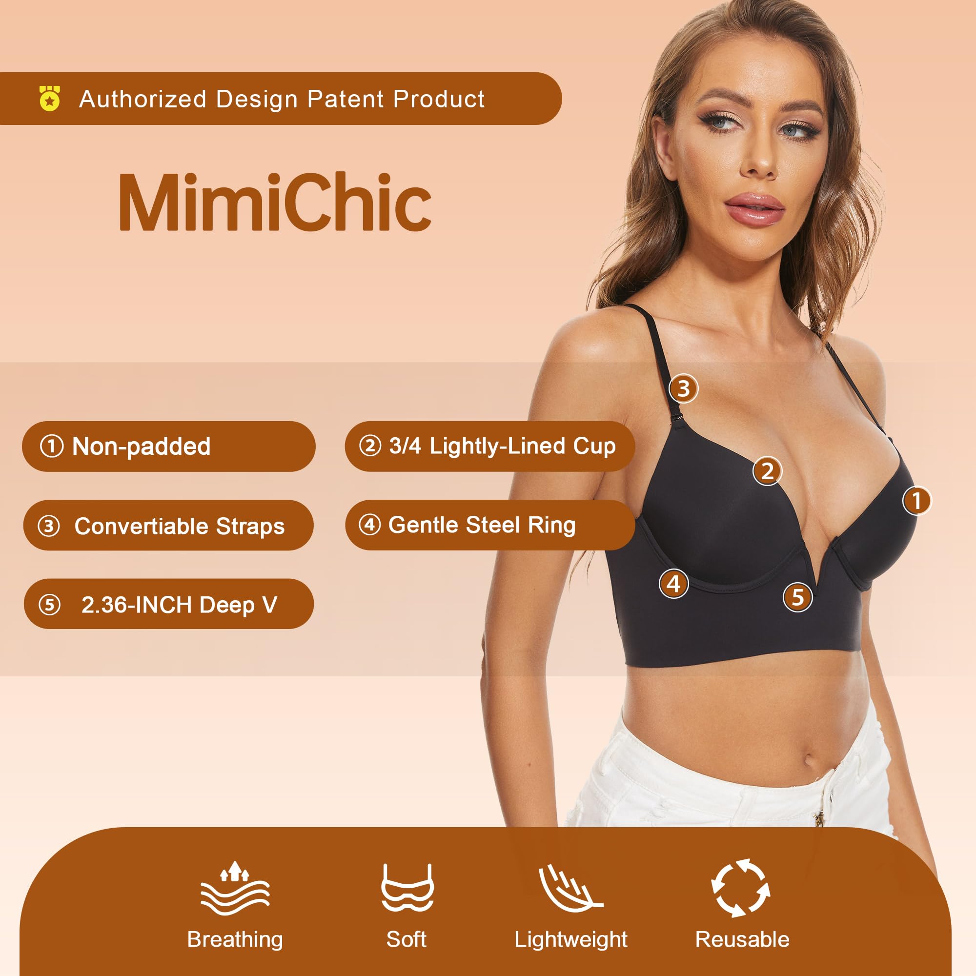 Soutien Gorge Dos Nu-Invisible V Profond Multiples et Transparent Convertibles Soutien Gorge sans Coutures à Léger Rembourrage