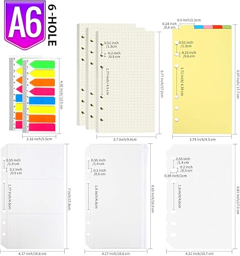 Miniatura 10 de Papel de repuesto A6, paquete de 3 45 piezas A6 de papel de hoja suelta, 6 anillos, 2 unidades de 160 marcadores de página de neón, con bolsillos