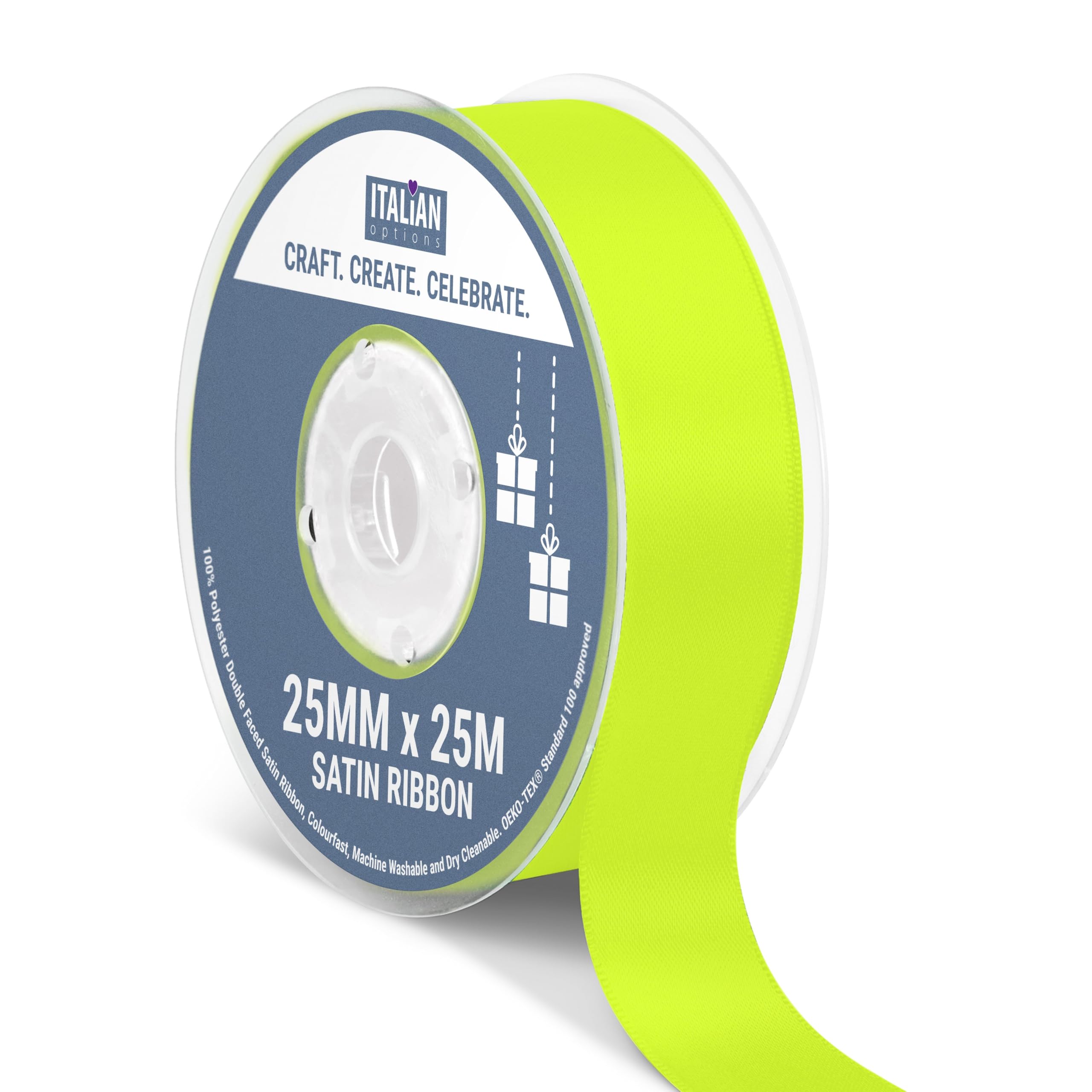 Italian Options Satin Ribbon, Fabric Ribbons for Gift Wrapping, Crafting, Balloons, Wedding Car, Presents, Cake, Christmas, Birthday, Gift Wrap Accessories, 25mm Wide x 25 Metre Roll, Lime