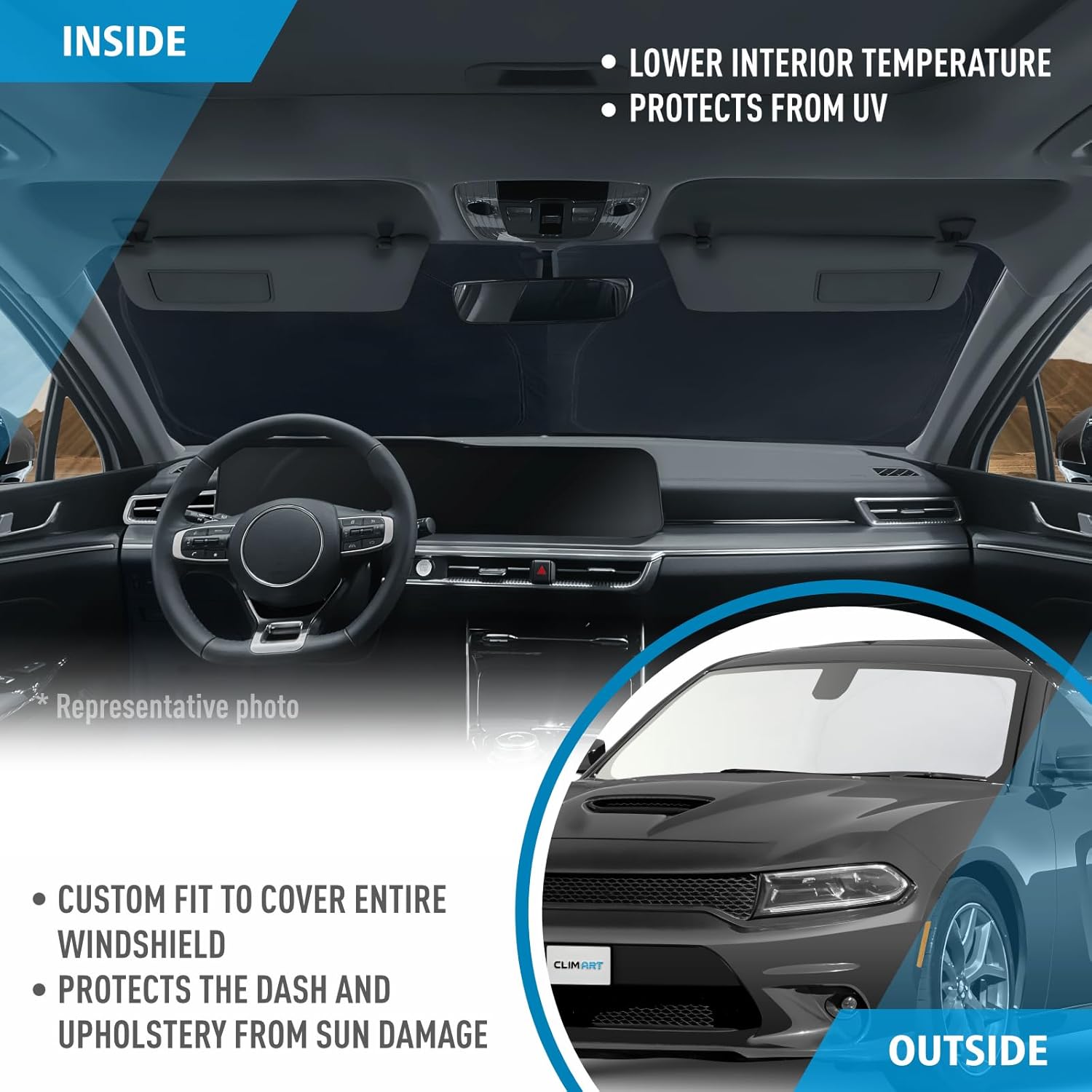 CLIM ART Windshield Sun Shade for Dodge Charger 2011-2023, Custom-Fit Foldable Car Sunshade, Vehicle Sun Protector, Front Auto Windshield Cover, Car Accessories - WS5024