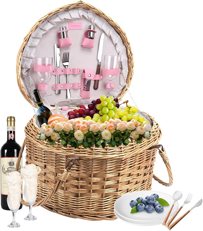 Romantic Heart Picnic Basket for 2 | Sturdy Wicker Willow with Full Accessories | Perfect Pink Picnic Basket Set for Engagement, Wedding, Anniversary, or Birthday