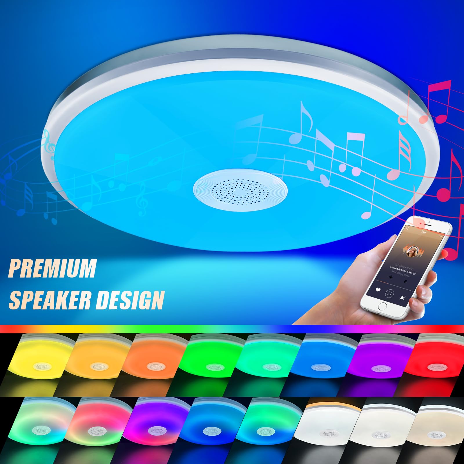 Plafoniera Led Soffitto Moderna, 48W Lampadario Soggiorno con Altoparlante Bluetooth, RGB Lampada da Soffitto con Telecomando e Controllo APP per Bagno, Camera da Letto, Soggiorno, Cucina