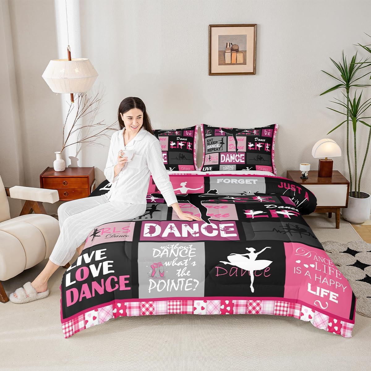 Manfei Dance Comforter Set Twin Size, Ballet Dance Theme Quilt Set with 1 Pillowcase, Ballet Princess Dancer Bedding Set 2pcs for Kids Girls Bedroom Decor, Abstract Art Duvet Insert