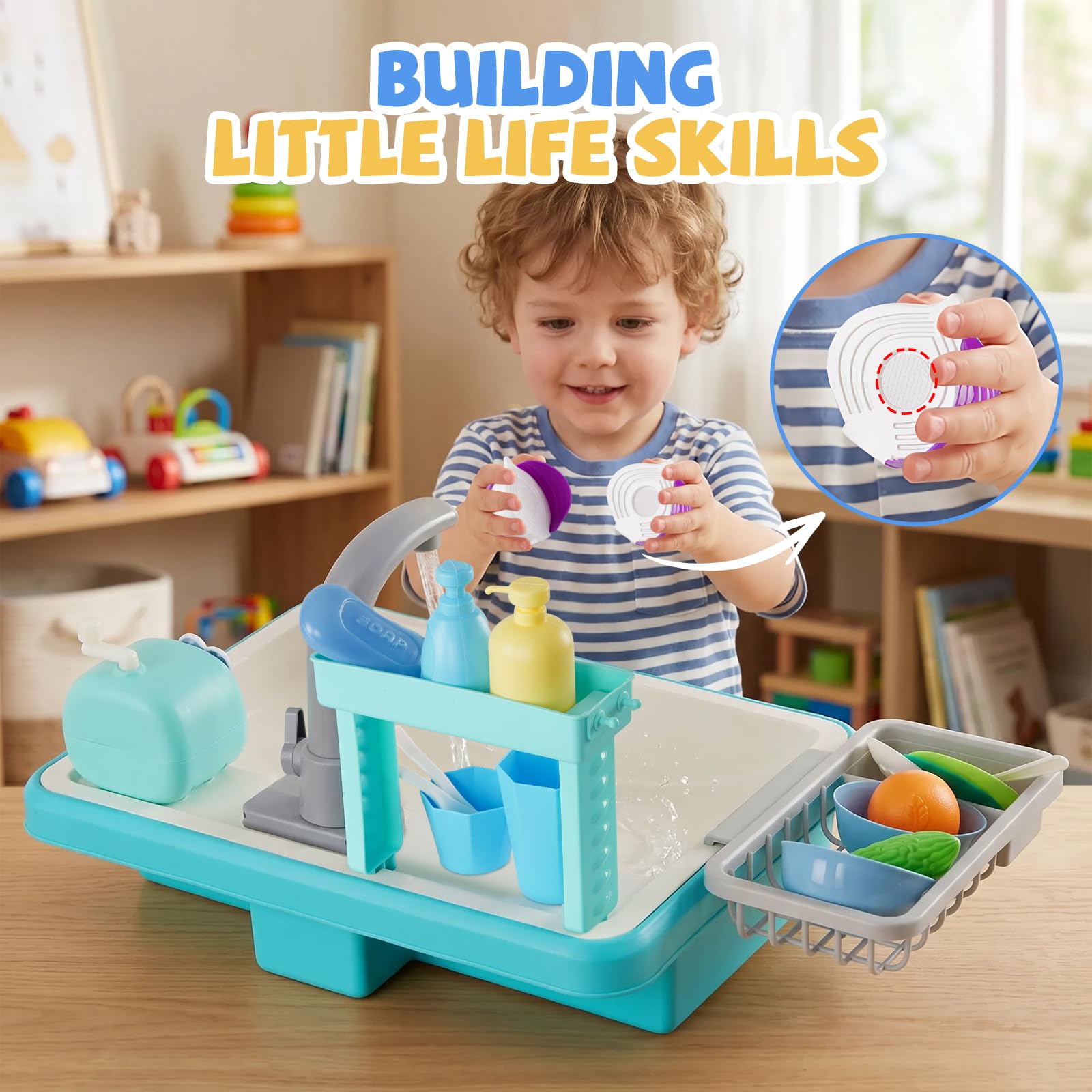 Lavello per bambini con circuito acqua, cucina esterna per bambini, macchina per bolle, verdure in plastica rimovibili, 25 pezzi per ragazzi e ragazze (blu)