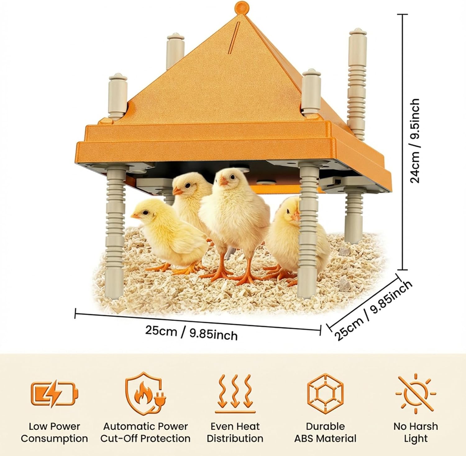 Chick Brooder Heating Plate with Anti-Roosting Cone Cover, 10" x 10" Brooder Heater for 10-12 Chicks, Adjustable Height & Angle, Safe Energy-Saving Radiant Heat, Prevents Roosting & Keeps Top Clean