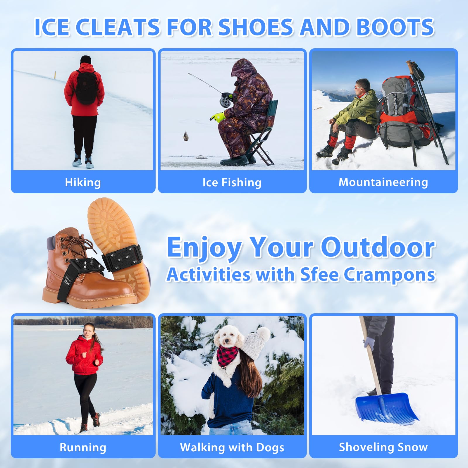 Sfee Crampons à glace, faciles à tourner, crampons à glace pour chaussures et bottes avec clous en tungstène