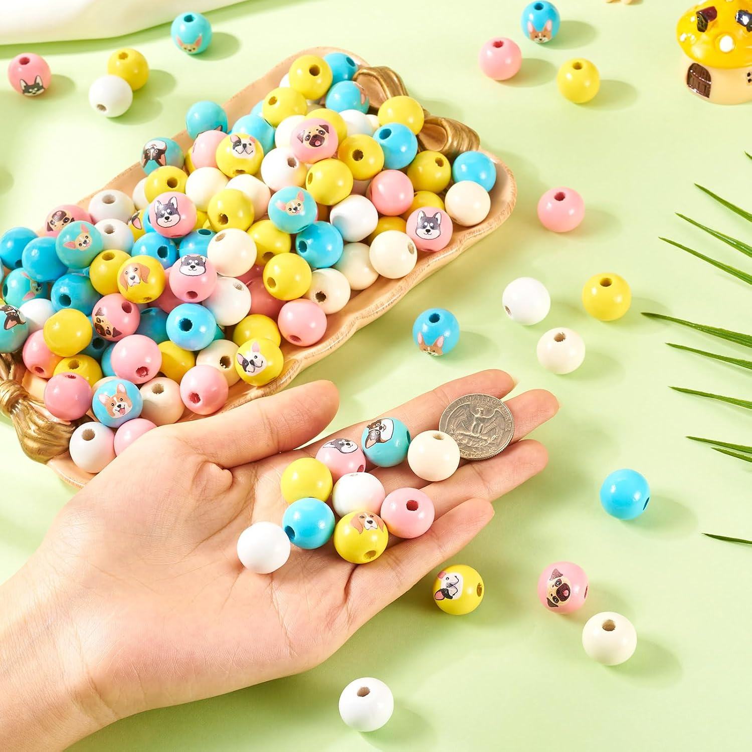 235Pcs 16mm Dog Wooden Beads Cute Puppy Rustic Wood Beads Animal Printed Round Spacer Beads for DIY Bracelet Lanyard Keychain Jewelry Making Home Party Decor image 5