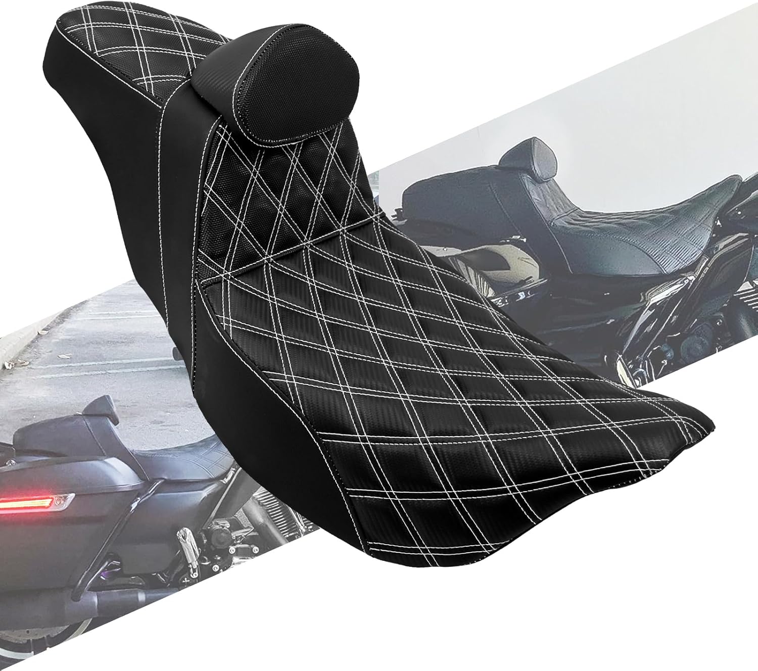 Motorcycles Driver Passenger Seat Cushion Pad One-Piece Seat Leather Pillion With Backrest Fit For Harley Touring Road King Street Glide Electra Glide 2009-UP (White Stitching)