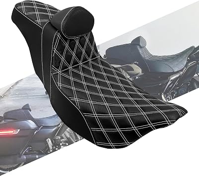 Motorcycles Driver Passenger Seat Cushion Pad One-Piece Seat Leather Pillion with Driver Backrest Fit for Harley Touring Road King Street Glide Electra Glide 2009-2023 White Stitching