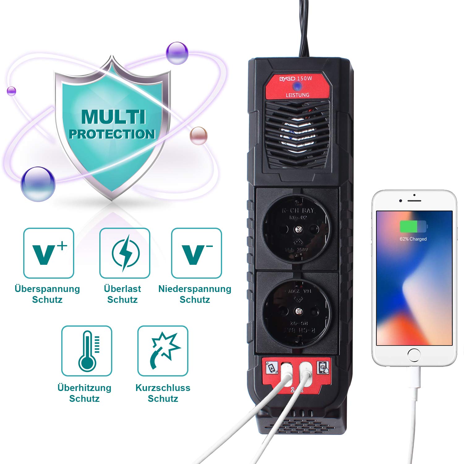 BYGD 150W Auto Spannungswandler Wechselrichter DC 12V auf 230V AC-Wandler mit 2 Ladesteckdosen und Zwei 2,4A USB-Anschlüssen Zigarettenanzünder-Steckdosenadapter für Geschaeftsfahrten und Urlaub