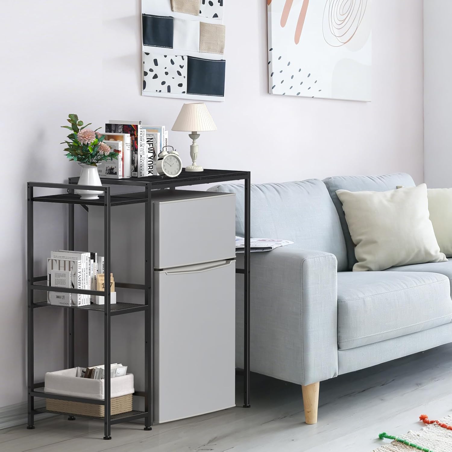 NANANARDOSO Mini Fridge Stand with Storage Shelves, Adjustable Metal Wood Bakers Rack, Coffee Bar and Microwave Stand, Small Refrigerator Table for Kitchen Dorm Apartment Office, Black.