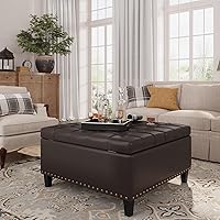 FiveWillowise Square Faux Leather Ottoman with Lift-Top Storage, Coffee Table Footrest Toy Box Bench, Chocolate Brown