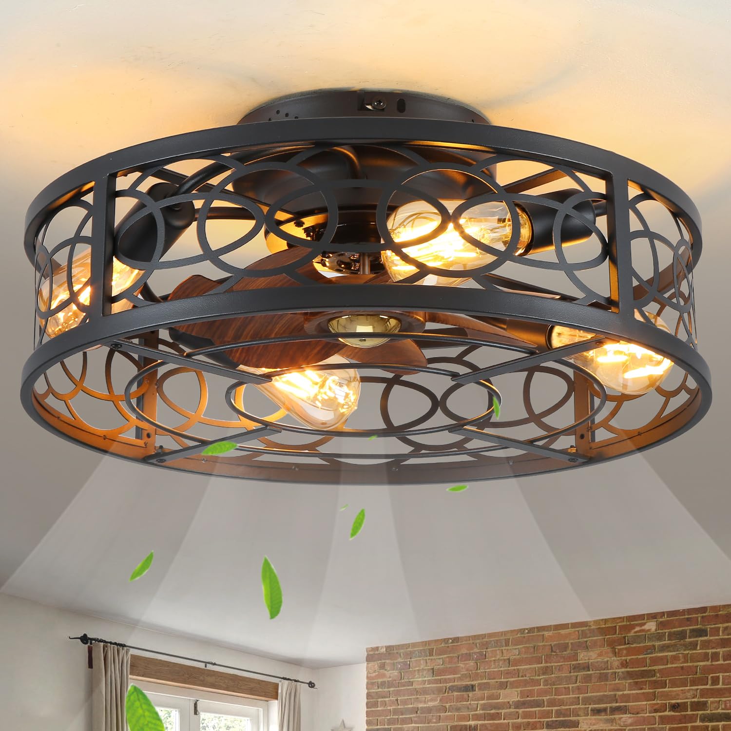 20" Small Ceiling Fans with Lights and Remote,Caged Farmhouse Black Low Profile Ceiling Fan with Light,Flush Mount Bladeless Fan Lights for Bedroom, Dining Room, Kitchen,6-Speed with 4 Bulbs