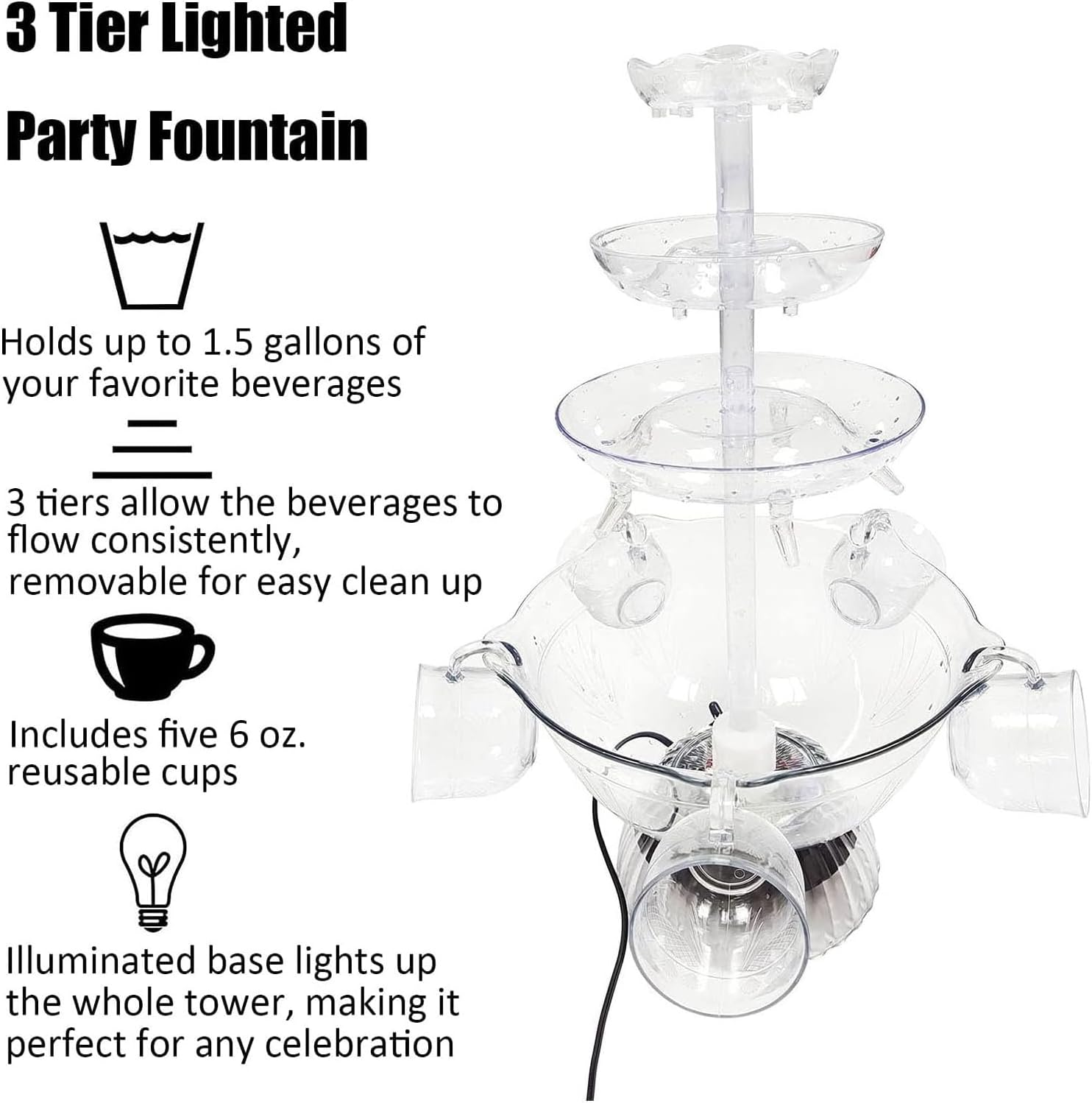 Party Beverage Fountain, 3-Tier Party Beverage/Champagne Fountain Equipment with LED Lighted Base and 5 Cups, 2L Large Capacity, Suitable for Bars, Coffee Shops, Birthday Parties