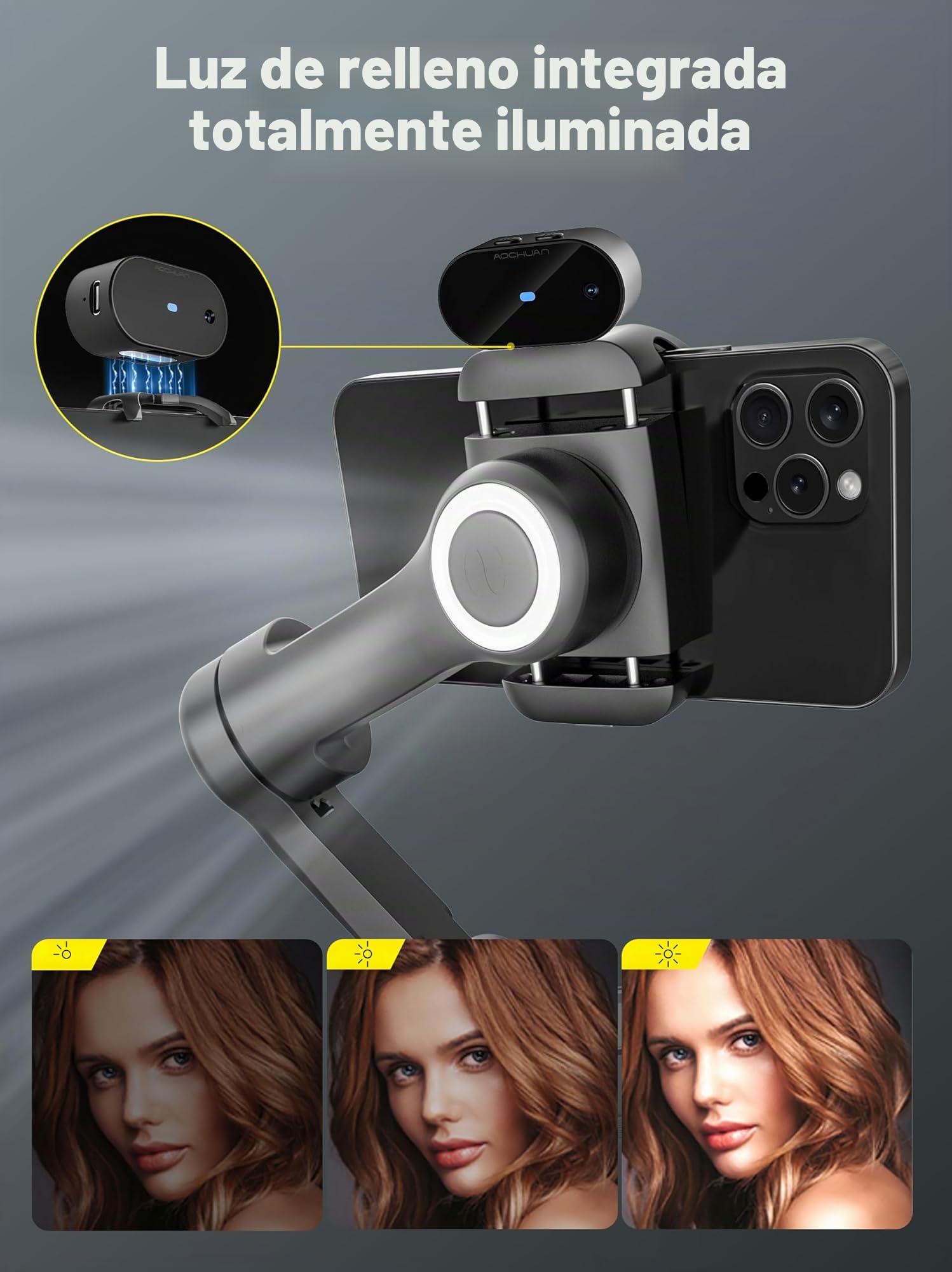 Estabilizador de cardán para smartphone, estabilizador de 3 ejes para iPhone y Android, sensor de seguimiento de IA (sin aplicación), cardán de teléfono con pantalla OLED/luz integrada, versión