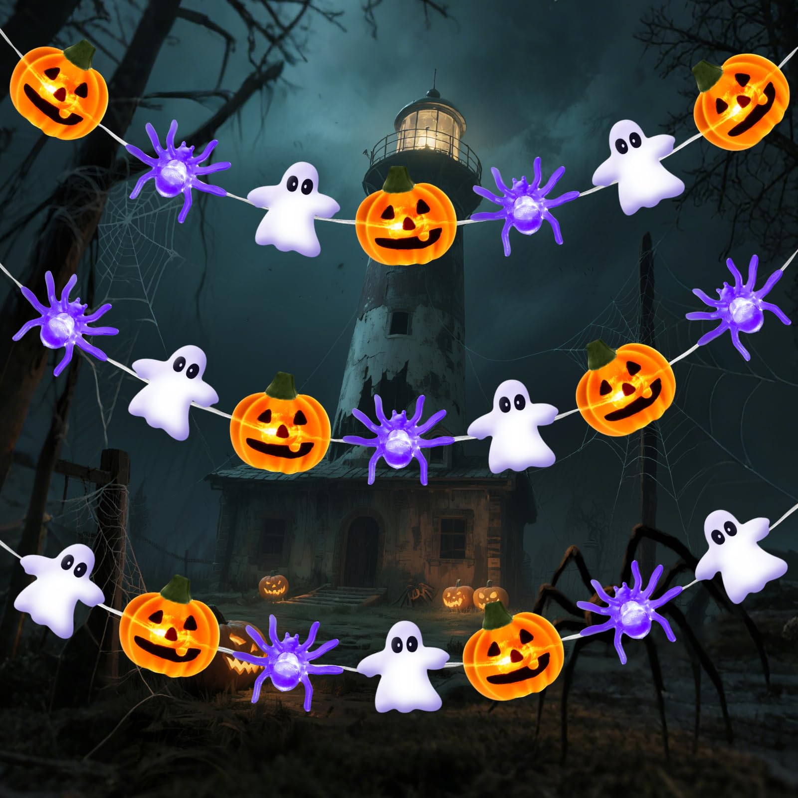 Gcstnn Halloween Decorations Lights, 9.84FT 30LED Orange Pumpkin Spider Ghost Fairy Lights Battery Operated with Timer, for Halloween Theme Party, Carnival, Porch, Window, Fall Decoration