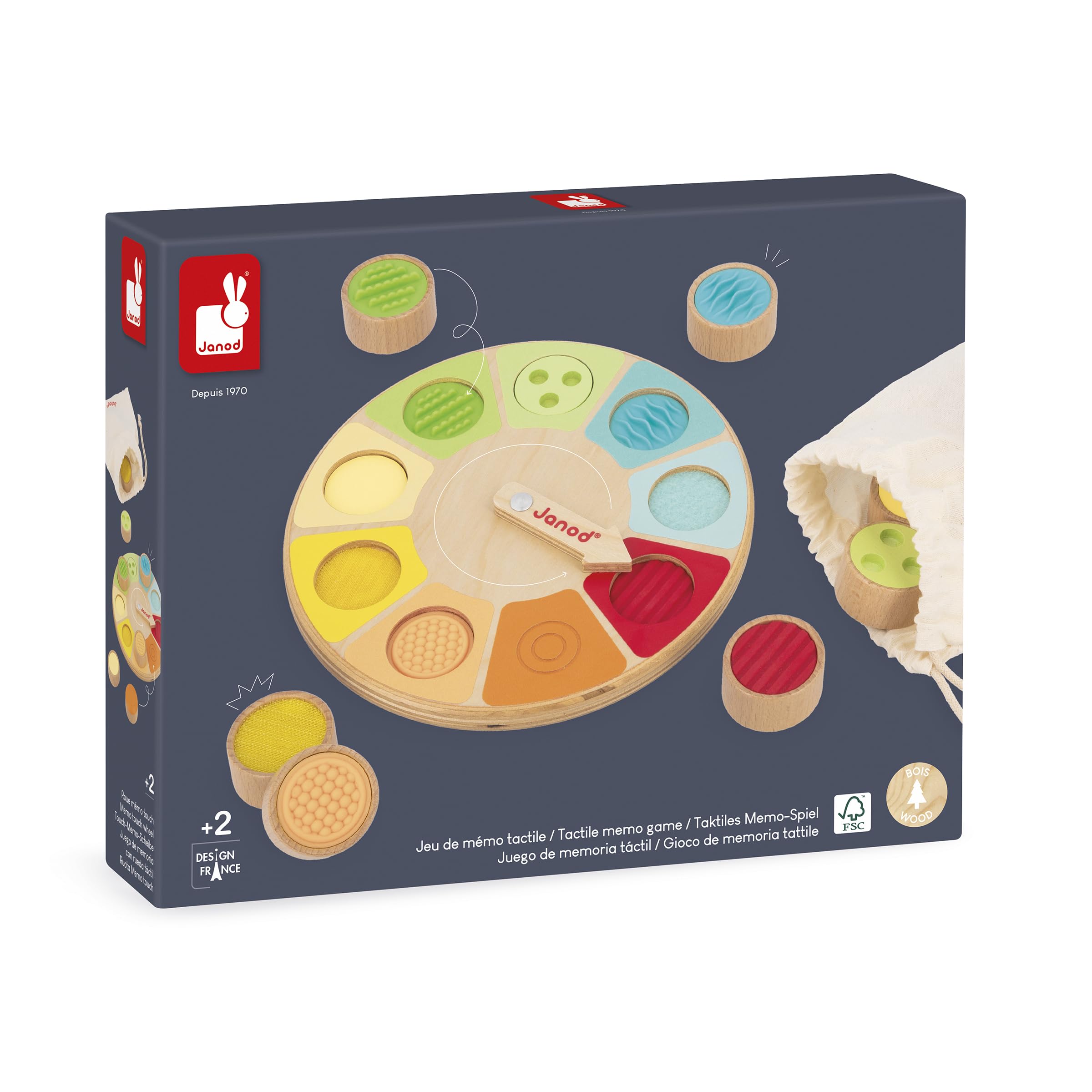 Janod - Jeu Mémo Touch en Bois - Jeu de Mémoire : Retrouver Les Textures Indiquées à l'Aveugle - Développe Le Sens du Toucher et la Coordination Main-Œil - Dès 2 Ans