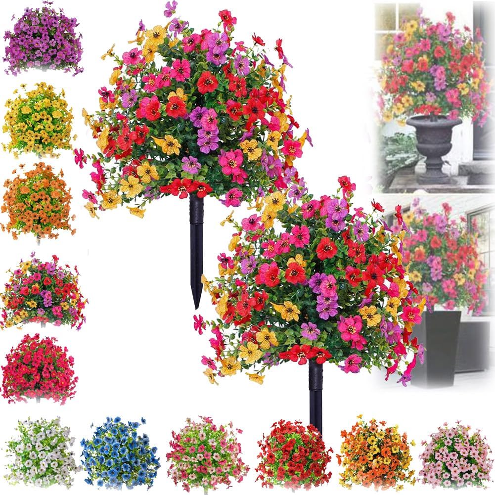2PCS Artificial Flowers for Outdoor - UV Resistant Faux Topiary Ball Plants with Ground Stakes,Fake Bushes Indoor Decor,22" Outdoor Faux Flowers for Garden, Yard, Planter and Porch, Spring Decoration