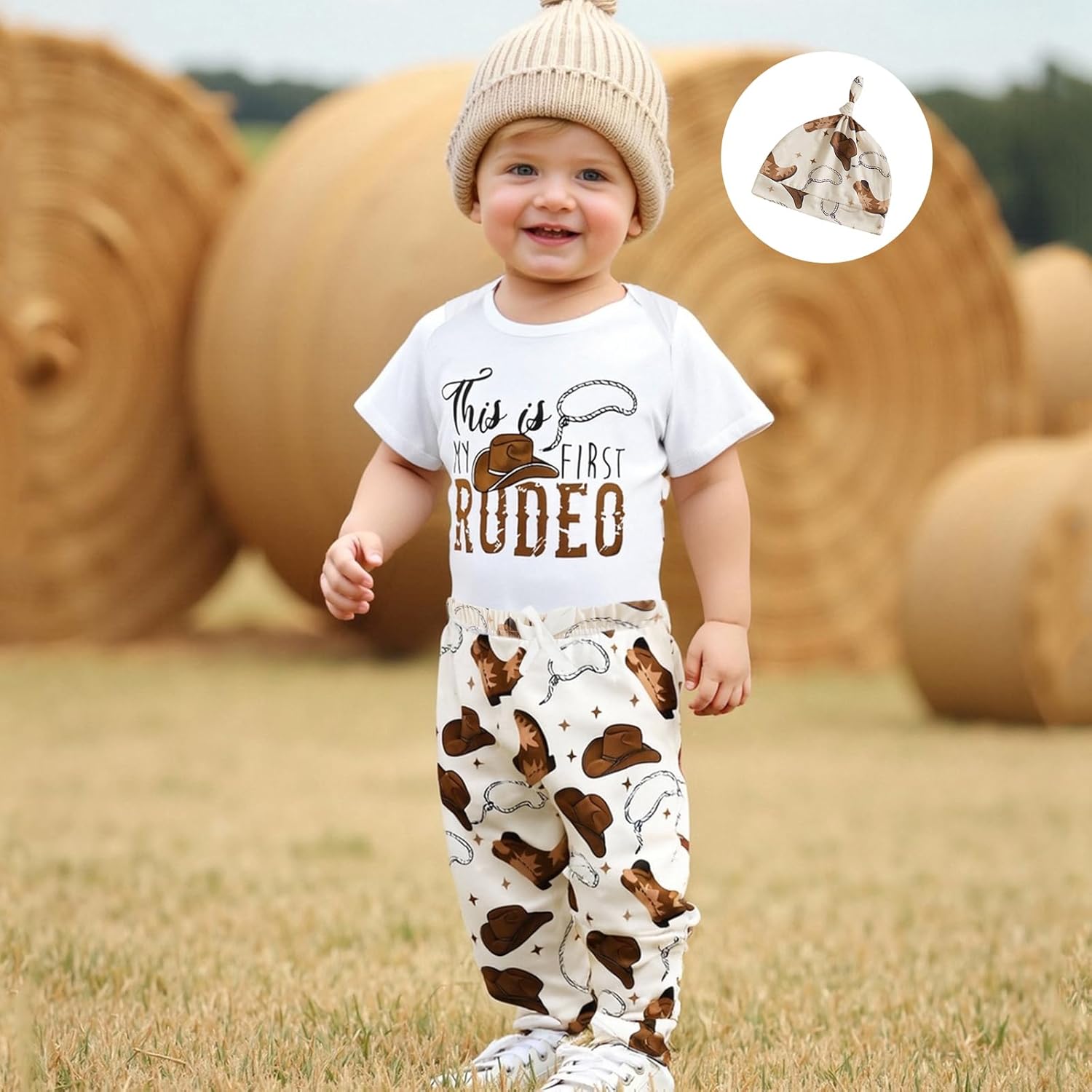 My First Rodeo Outfit Western Baby Boy 1st Birthday Clothes Short Sleeve Romper Pants Hat Set Newborn Cowboy Outfits - Image 3