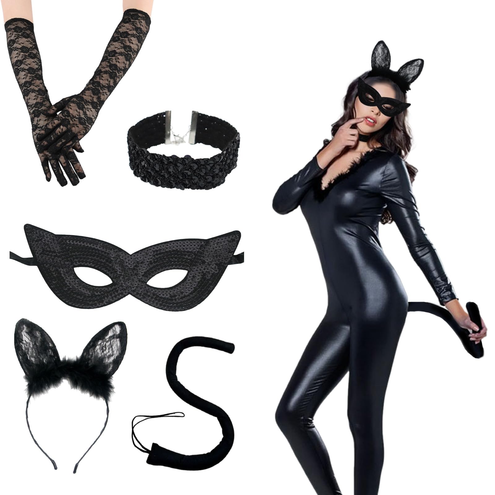 Celebration Directre 5PCS Halloween Black Cat Costume for Women, Cat Ear Headband Tail Cat Eye Cover Gothic Choker Lace Gloves Catwoman Costume Accessories for Women Halloween Cosplay