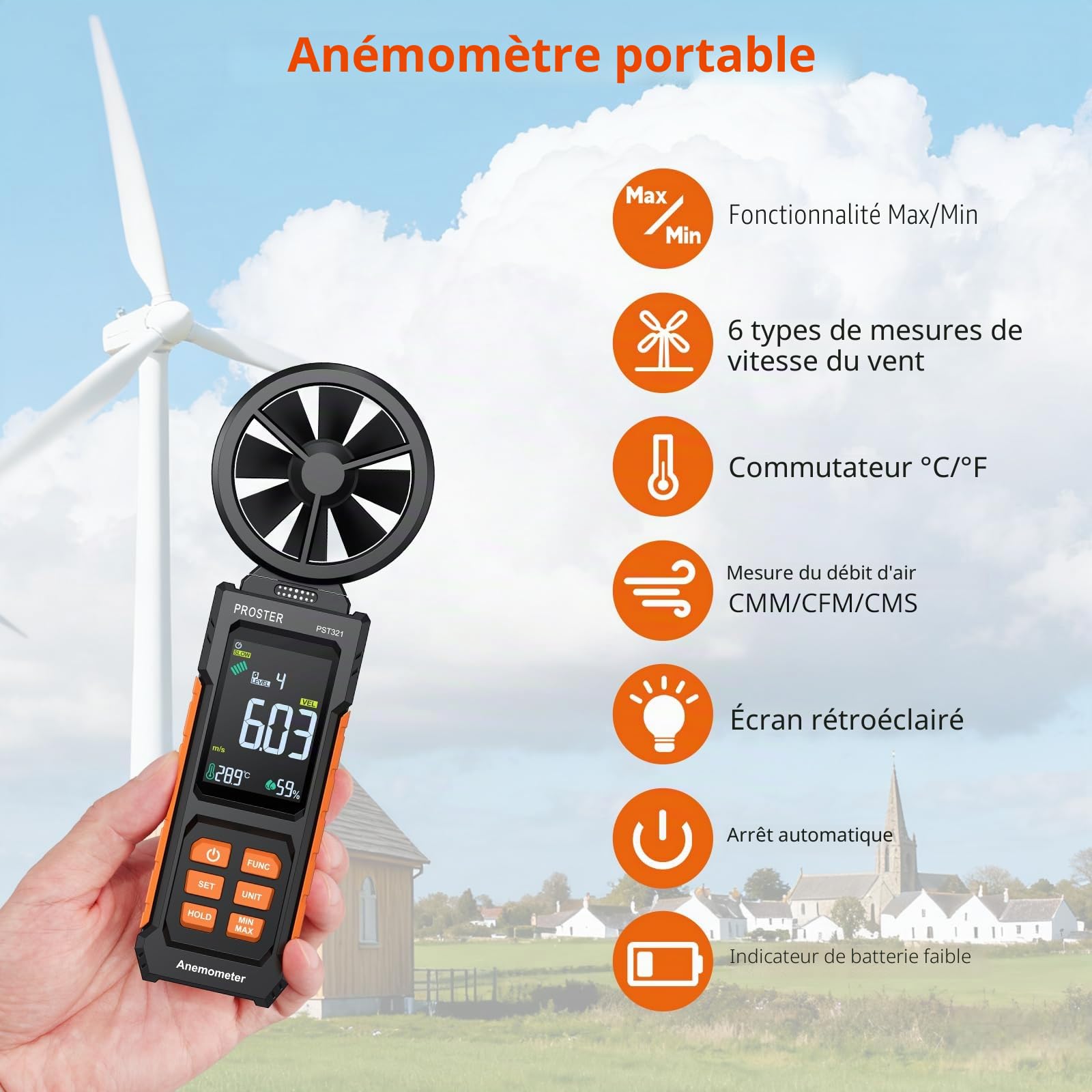 Proster Anémomètre Numérique Professionnel Multifonction - Mesure du Vent, Débit d’Air (CFM/CMM/CMS), Température, Point de Rosée et Boule Humide - Écran Couleur pour Industriel, Éolien, HVAC, Marine