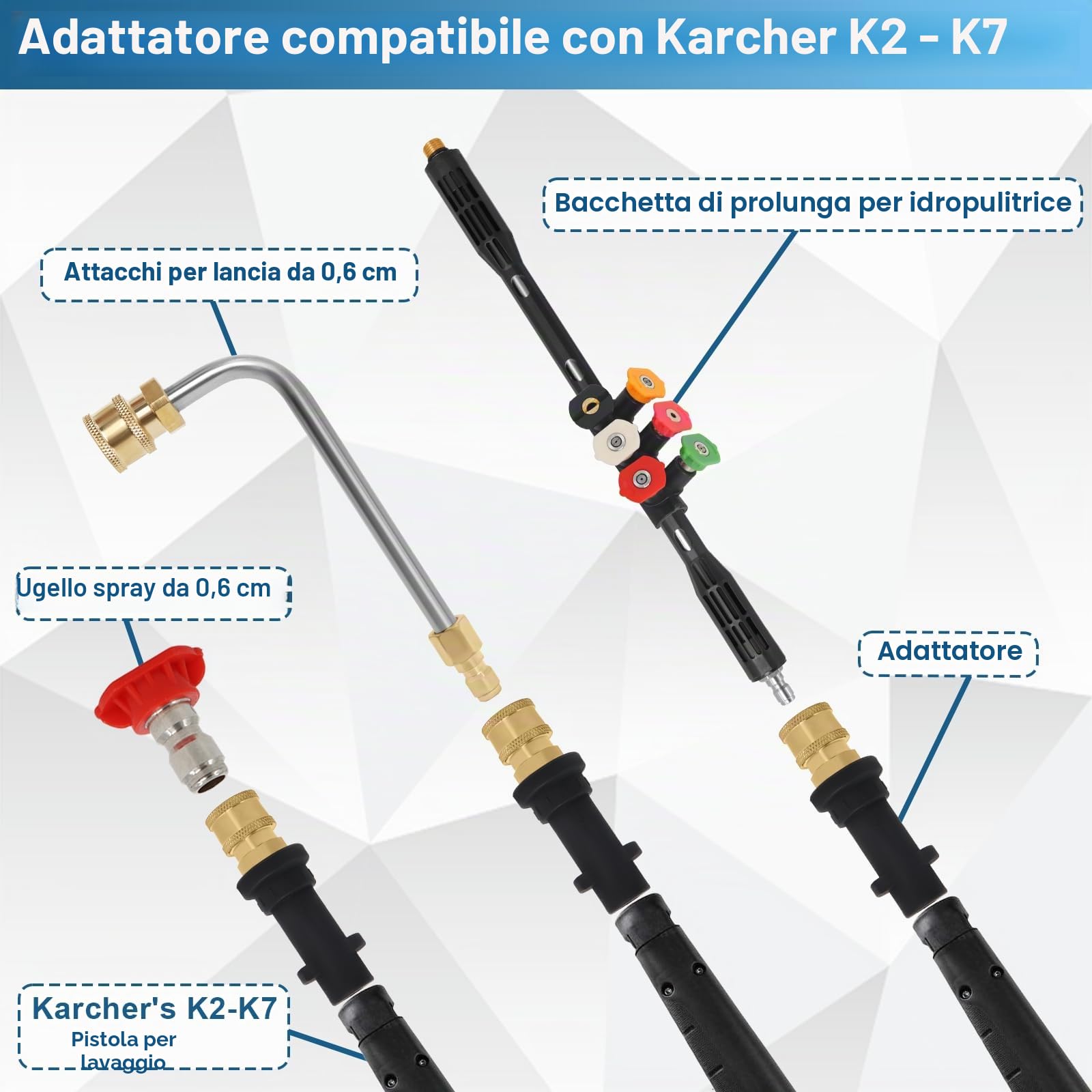 Prolunga per idropulitrice Karcher compatibile con serie K2-7, 10 pezzi per grondaie, accessori 6 punte Gekufa