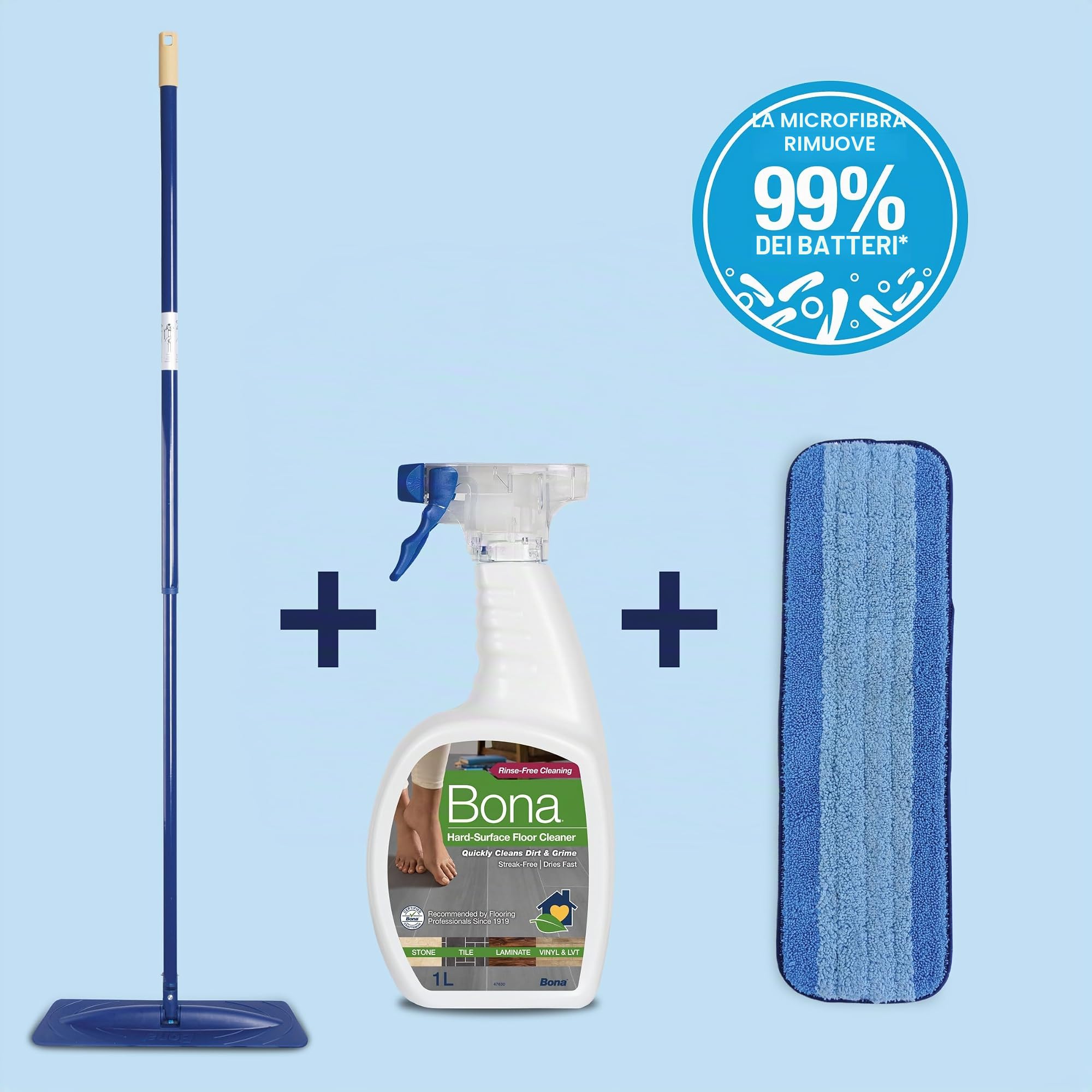 Bona mocio per pietra, piastrelle e laminato, set di mop con detergente da 1 L e tampone di pulizia in microfibra, prodotto per laminato, detergente per pavimenti pvc, LVT, panno, piastrellato