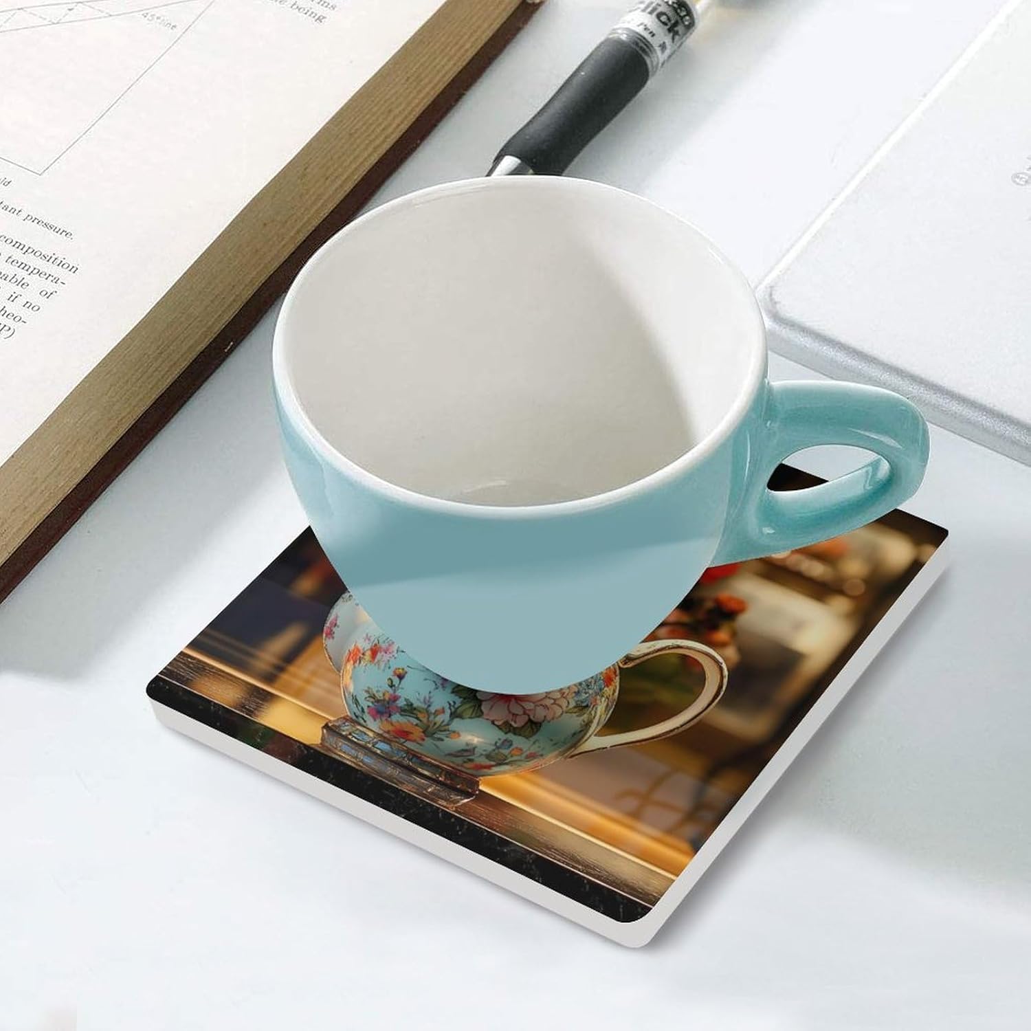 Rose Flower Tea Pot Ceramic Coasters Set Square Drink Coasters Table Coaster for Kitchen Desktop Decor