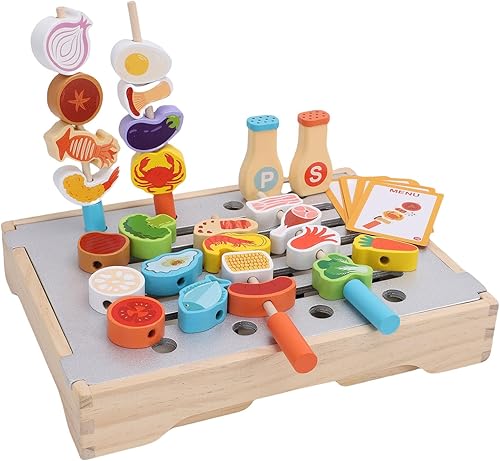 Asixxsix Juego de barbacoa de madera para niños, juguete de cocina multifunción con 25 piezas de alimentos y herramientas de parrilla, juego de
