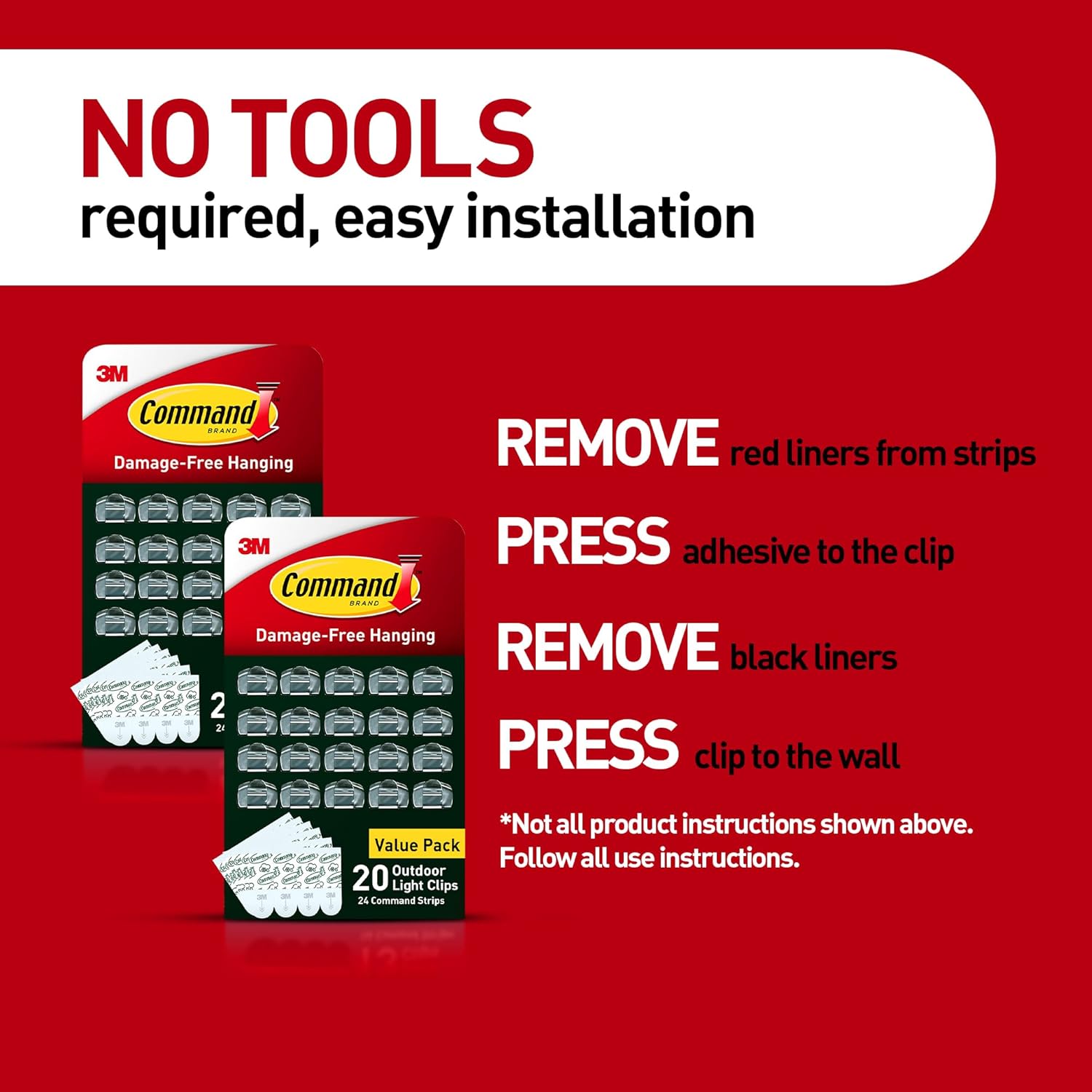 Command Outdoor Light Clips, 40 Clear and 48 Strips, Damage Free Hanging with Weather Resistant Strips, Wall Clips for Hanging Outdoor Lights and Cable Management