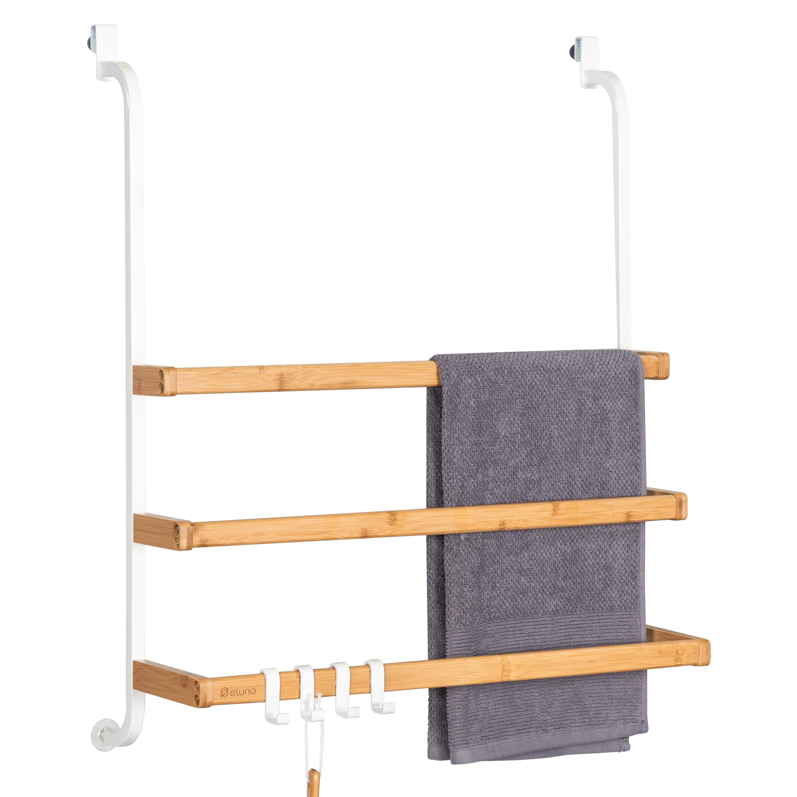 eluno Towel Rail for Glass Shower Screen Metal and Bamboo, Towel Rail with 3 Towel Rails, 4 Practical Hooks, for Hanging No Drilling (White)