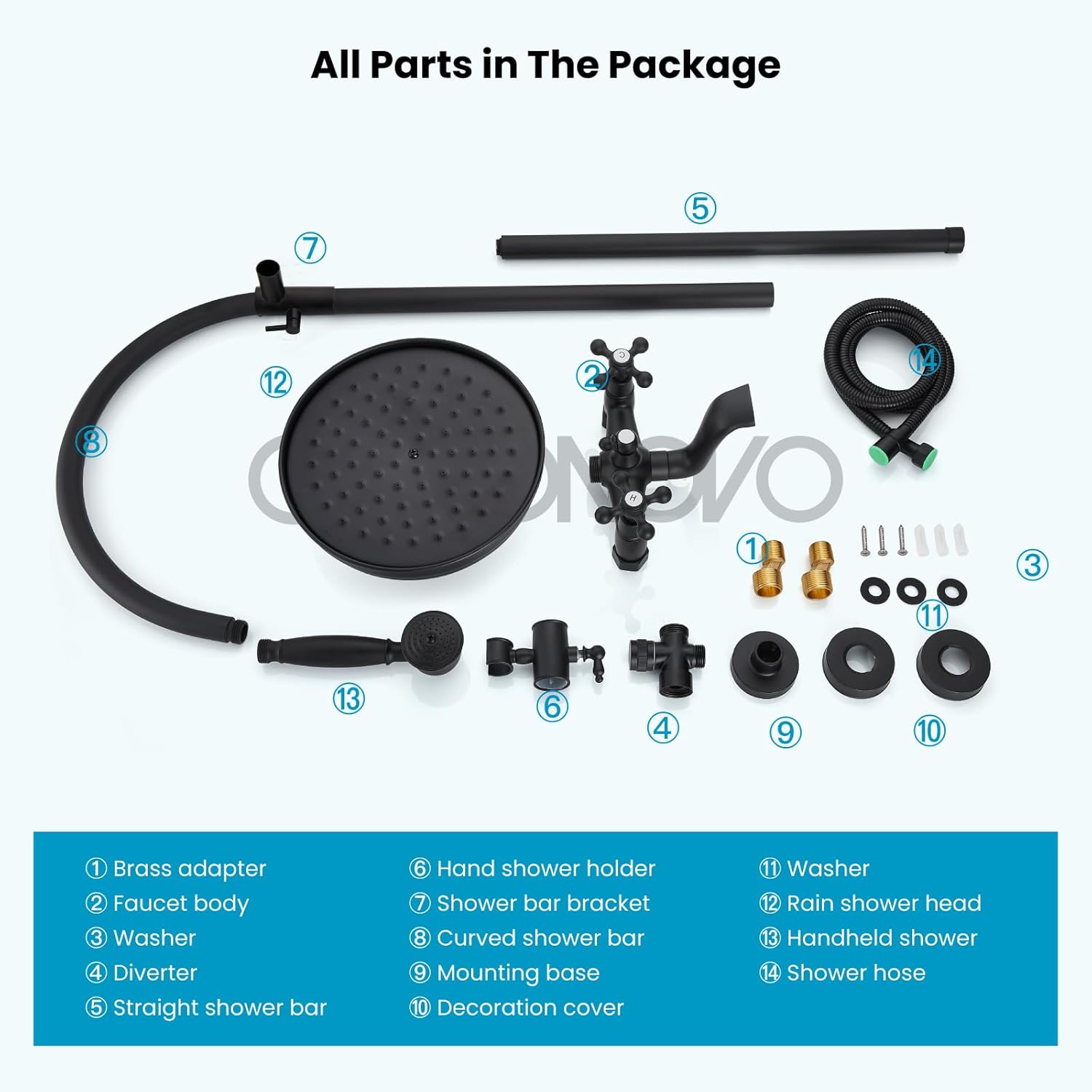 gotonovo Exposed Bathroom Shower System Classic Shower Kit 8 Inch Luxurious Rainfall Shower Head Handheld Spray Tub Filler Brass Pipe 3-Function Wall Mount Double Cross Knobs Matte Black