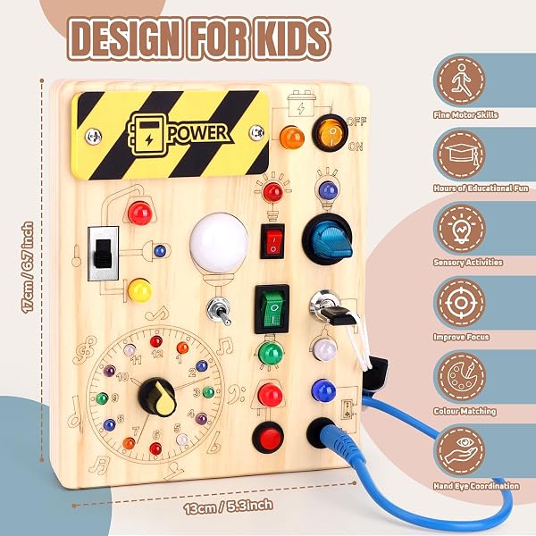 Busy Board Montessori Spielzeug ab 1 Jahr Holz Motorikspielzeug Activity Board Sensorik Lernspielzeug mit 10 Schaltern und 23 LED-Lichtern für Kleinkinder Geschenk für Jungen Mädchen 1 2 3 Jahre - 4