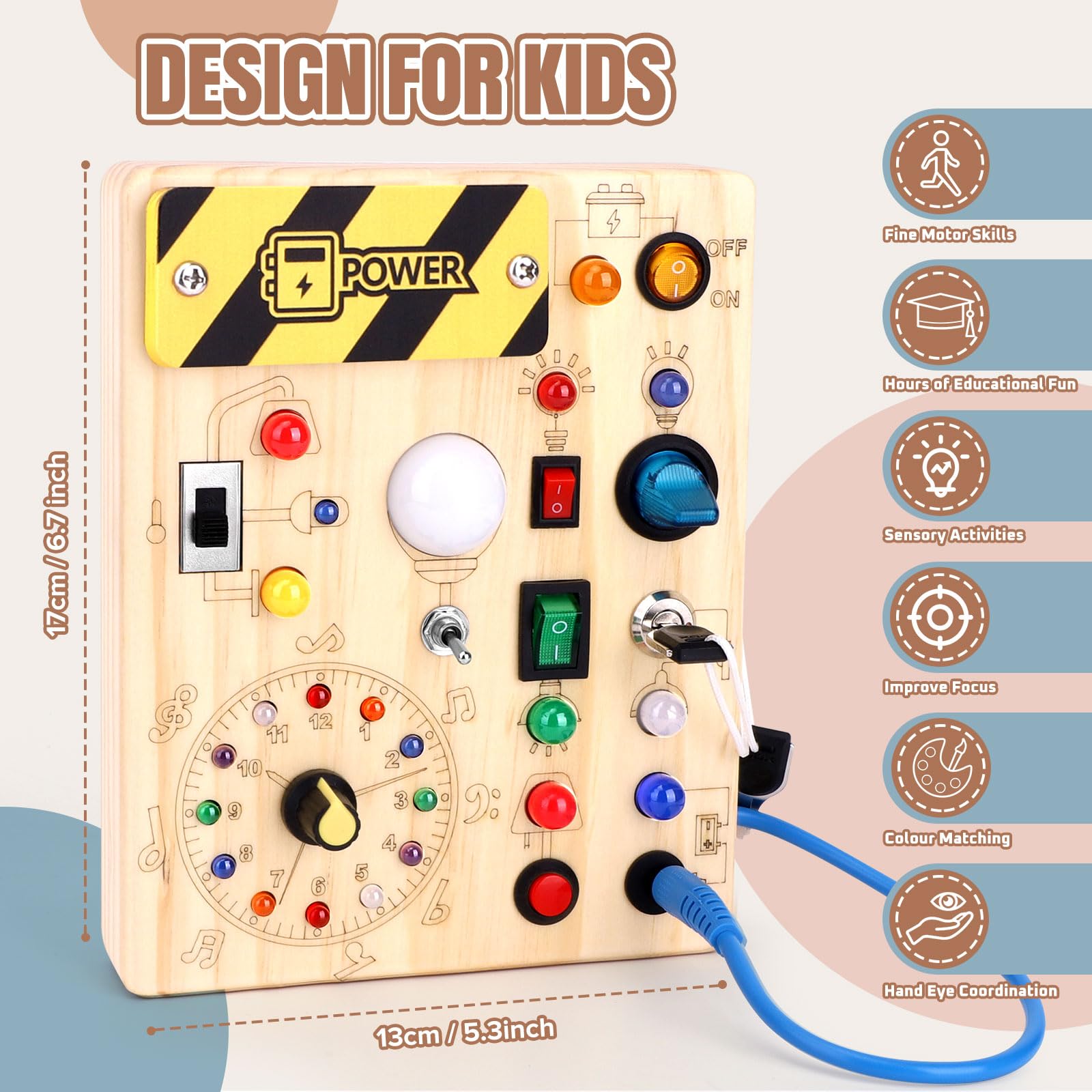 Busy Board Montessori Spielzeug ab 1 Jahr Holz Motorikspielzeug Activity Board Sensorik Lernspielzeug mit 10 Schaltern und 23 LED-Lichtern für Kleinkinder Geschenk für Jungen Mädchen 1 2 3 Jahre - 5
