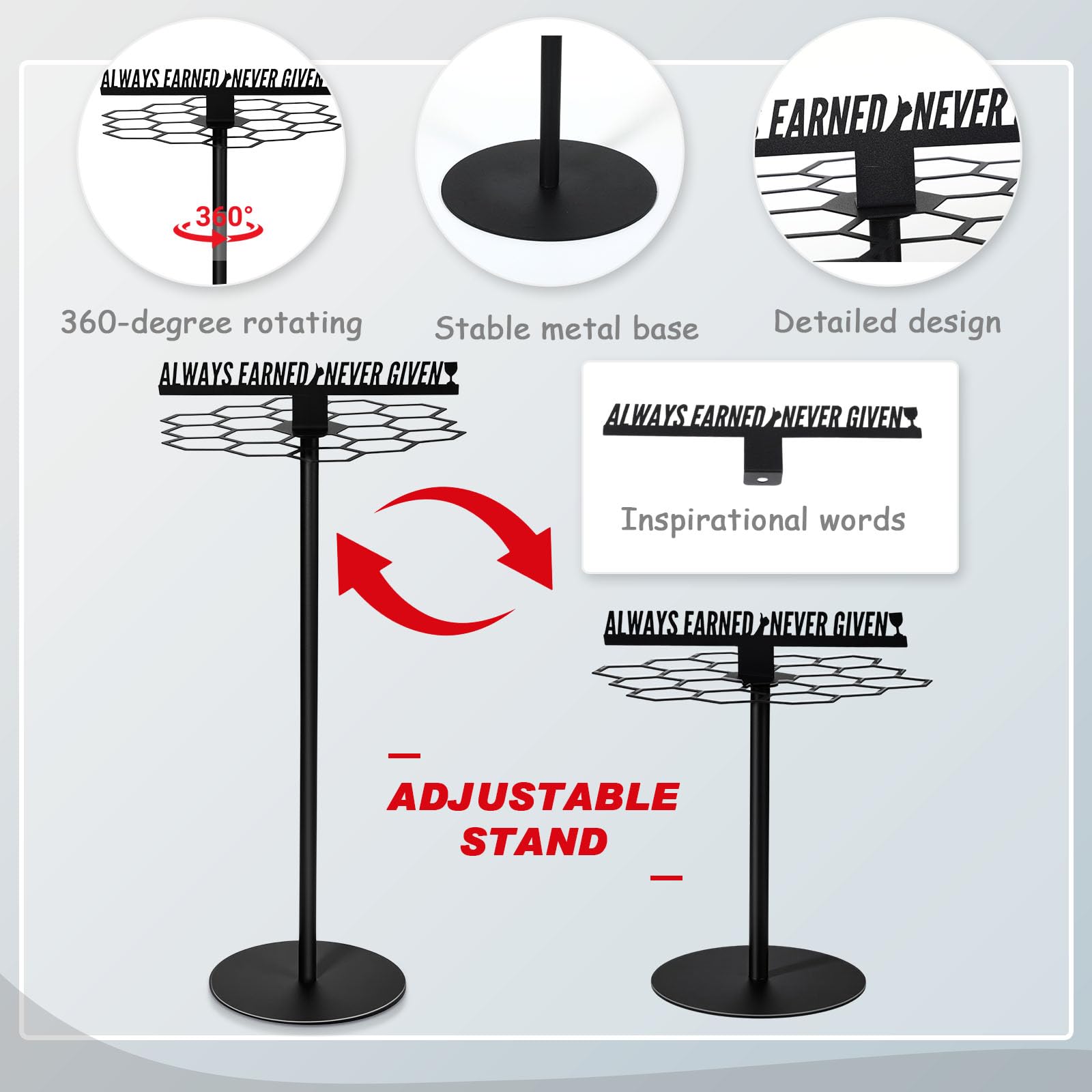 Novabright Espositore girevole per medaglie con parole motivazionali Always Earned Never Given, altezza regolabile, da tavolo, supporto per medaglie in metallo, può contenere oltre 45 medaglie per