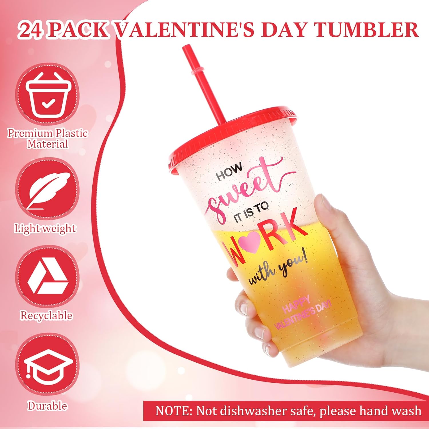 24 Pcs Valentine's Day Employee Appreciation Gifts for Coworker Staff Team 24 oz Valentines Plastic Cup with Lid Straw Thank You Tumbler for Staff Coworker Nurse Gift (Fresh) - Image 5