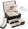 Jewellery Box Organiser, 3 Layers Large PU Jewelry Storage Case with Portable Case, Jewellery Box with Removable Tray and Mirror for Necklace Earring Ring Watch, Black