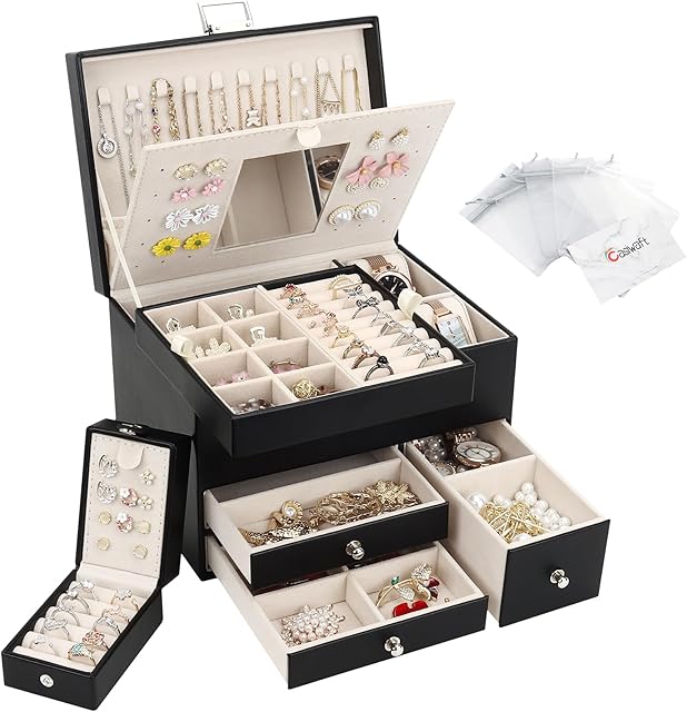 Jewellery Box Organiser, 3 Layers Large PU Jewelry Storage Case with Portable Travel Case, Jewellery Box with Removable Tray and Mirror for Necklaces Earrings Rings Watches, Black