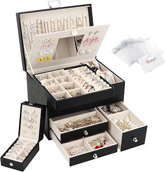 Jewellery Box Organiser, 3 Layers Large PU Jewelry Storage Case with Portable Case, Jewellery Box with Removable Tray and Mirror for Necklace Earring Ring Watch, Black