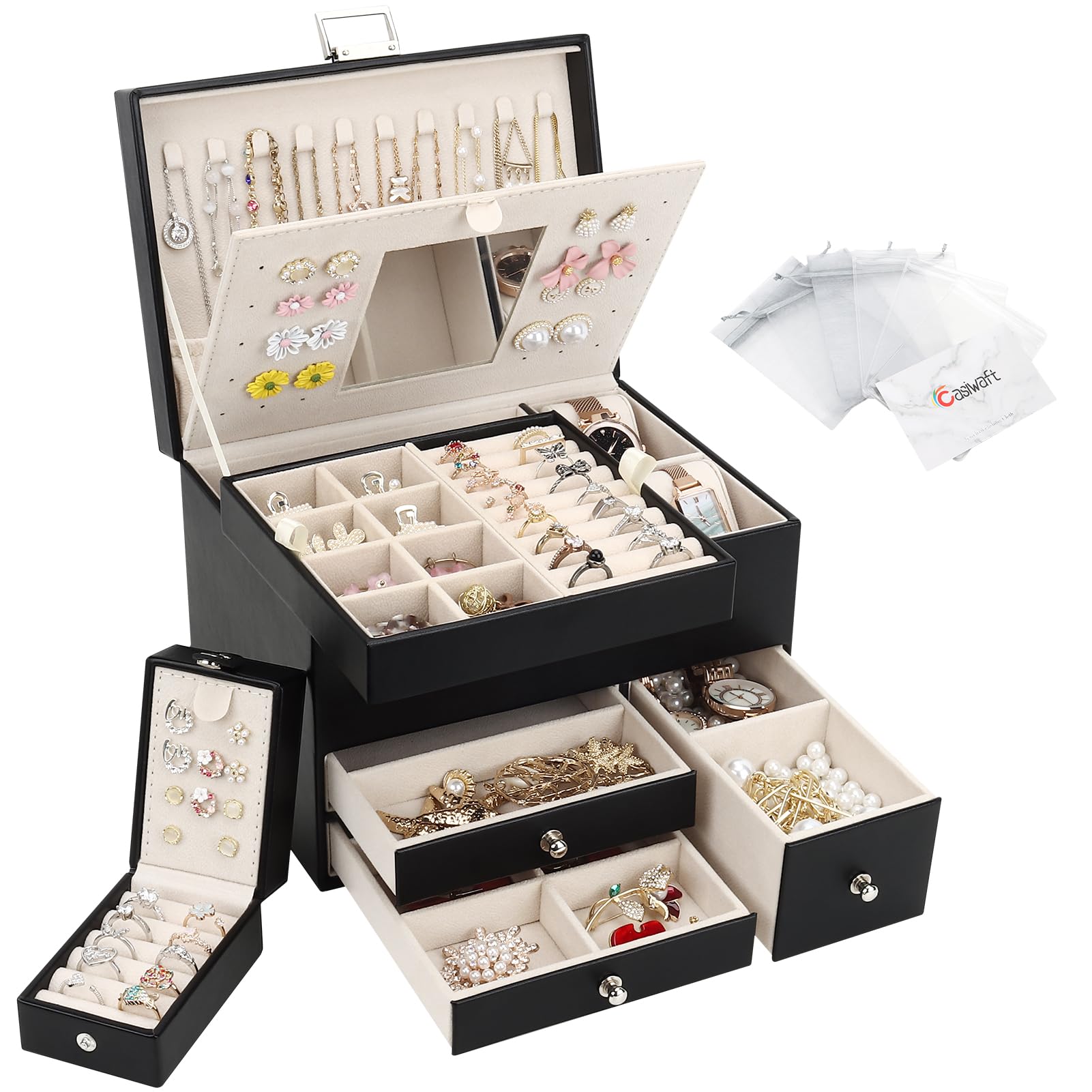 Caja Joyero de 3 Capas de PU, Joyeros Mujer Organizador Grande con Cajones, con Mini Caja Portátil para Viajar, Caja Organizador de Joyas para collares, pendientes, anillos, Negro