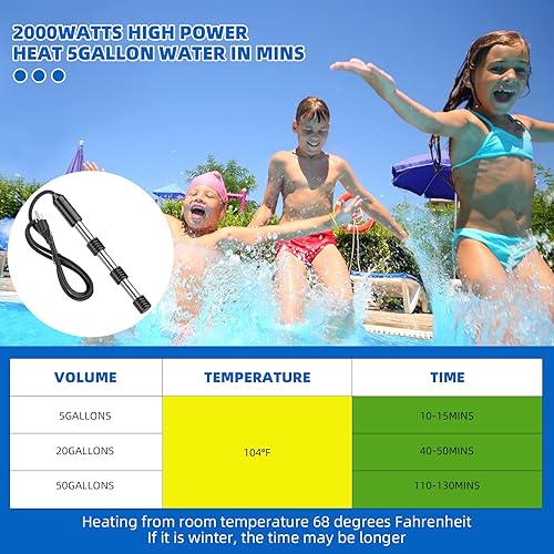 Miniatura 5 de Calentador de agua de inmersión portátil de 2000 W, fabricado con acero inoxidable 304 y cubierta de silicona de seguridad. Ideal para bañeras,