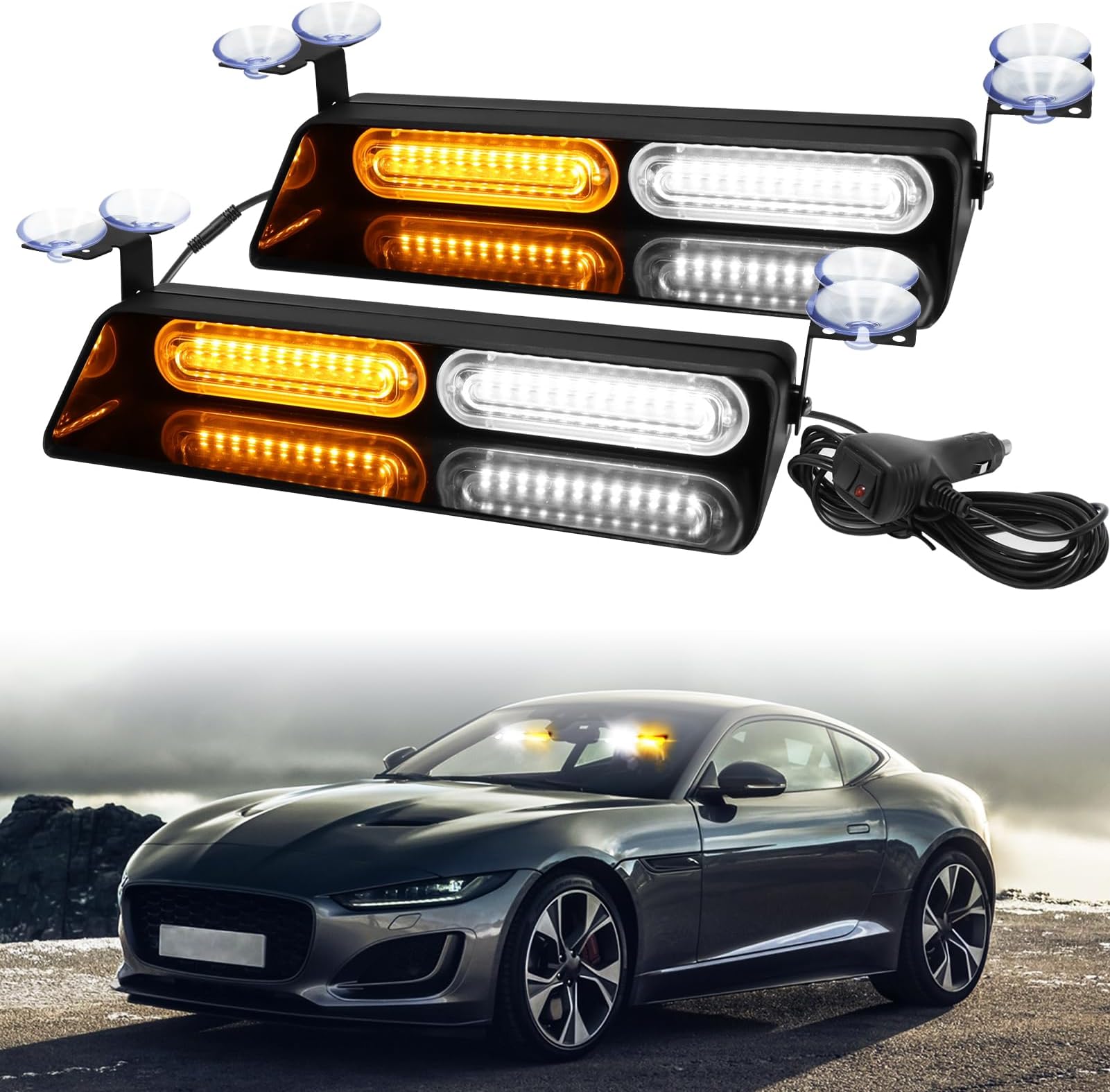 DIBMS 2 In 1 Interior Windshield Strobe Lights, 48-LED Emergency Dash Hazard Warning Safety Flashing Traffic Advisor Lights for Construction Vehicles Trucks Tow Cars, Amber White