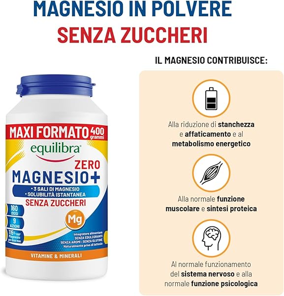 Equilibra, Magnesio Zero Zuccheri, Maxi Formato 400g in Polvere, Magnesio Bisglicinato, Pidolato, Carbonato, per Affaticamento, Funzione Muscolare, Solubile in acqua fredda, Vegan, Sapore Agrumato - 2